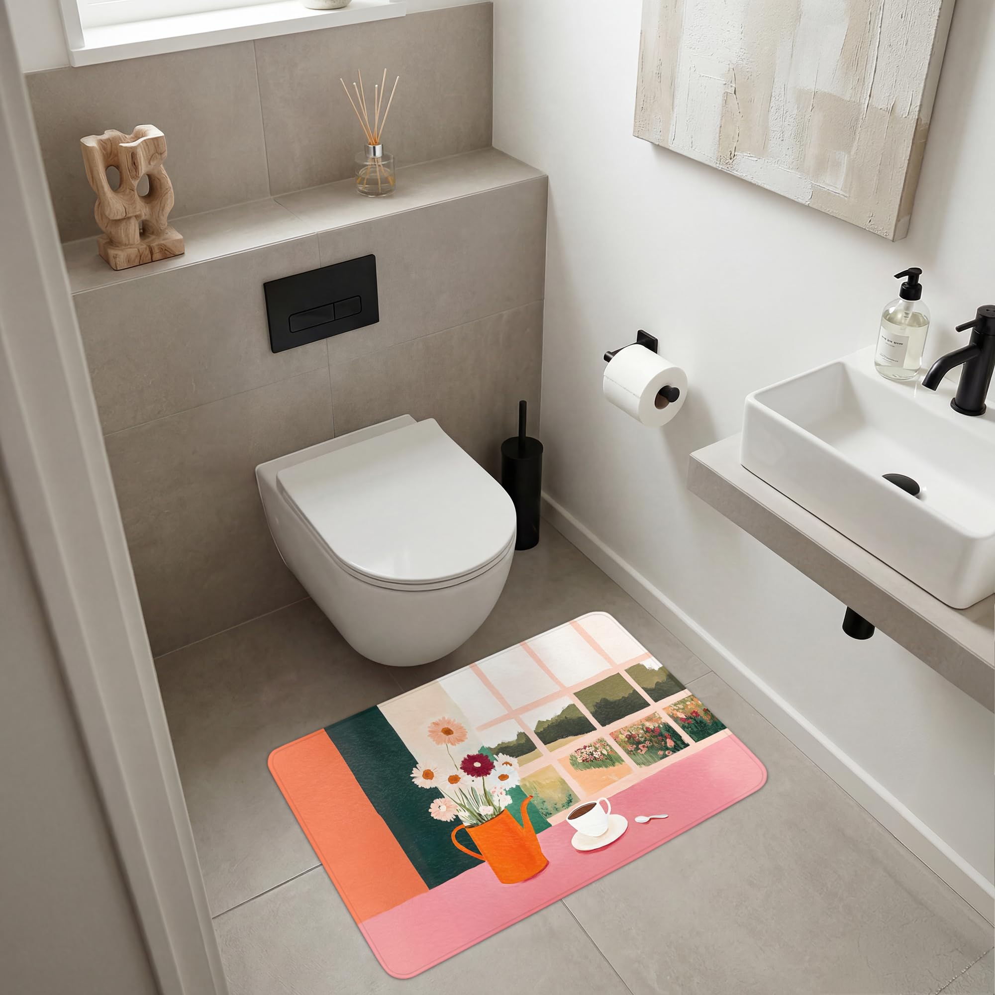 Alfombra De Baño Rectangular 90x60 cm Bathroom Bath Mat Lavable Tapete Antideslizante Alfombras Ducha Decoracion Alfombrilla Flores - Café - Ventana