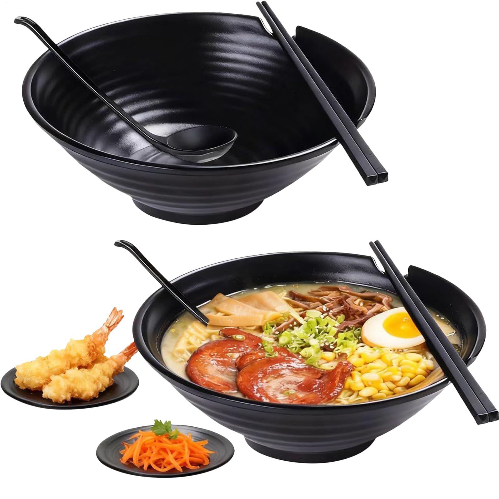 Bol pour Soupe Noir Mat avec Baguettes et Cuillères | Bol Japonais pour Nouilles avec Soucoupes pour Nourriture Asiatique, Wonton, Salade, Pâtes, Petit Déjeuner, Déjeuner, Dîner,