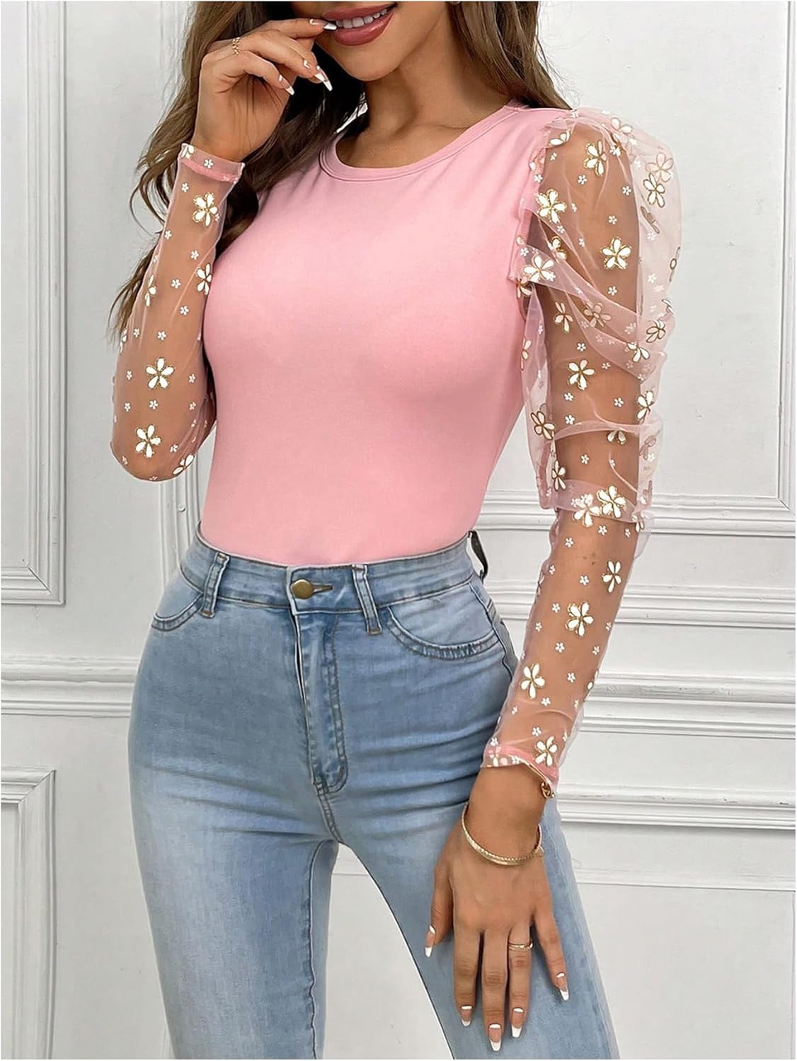 OYOANGLE Women's Floral Embroidery Mesh Puff Long Sleeve Tee Slim Fitted Knit Casual Blouses Tops - Image 4