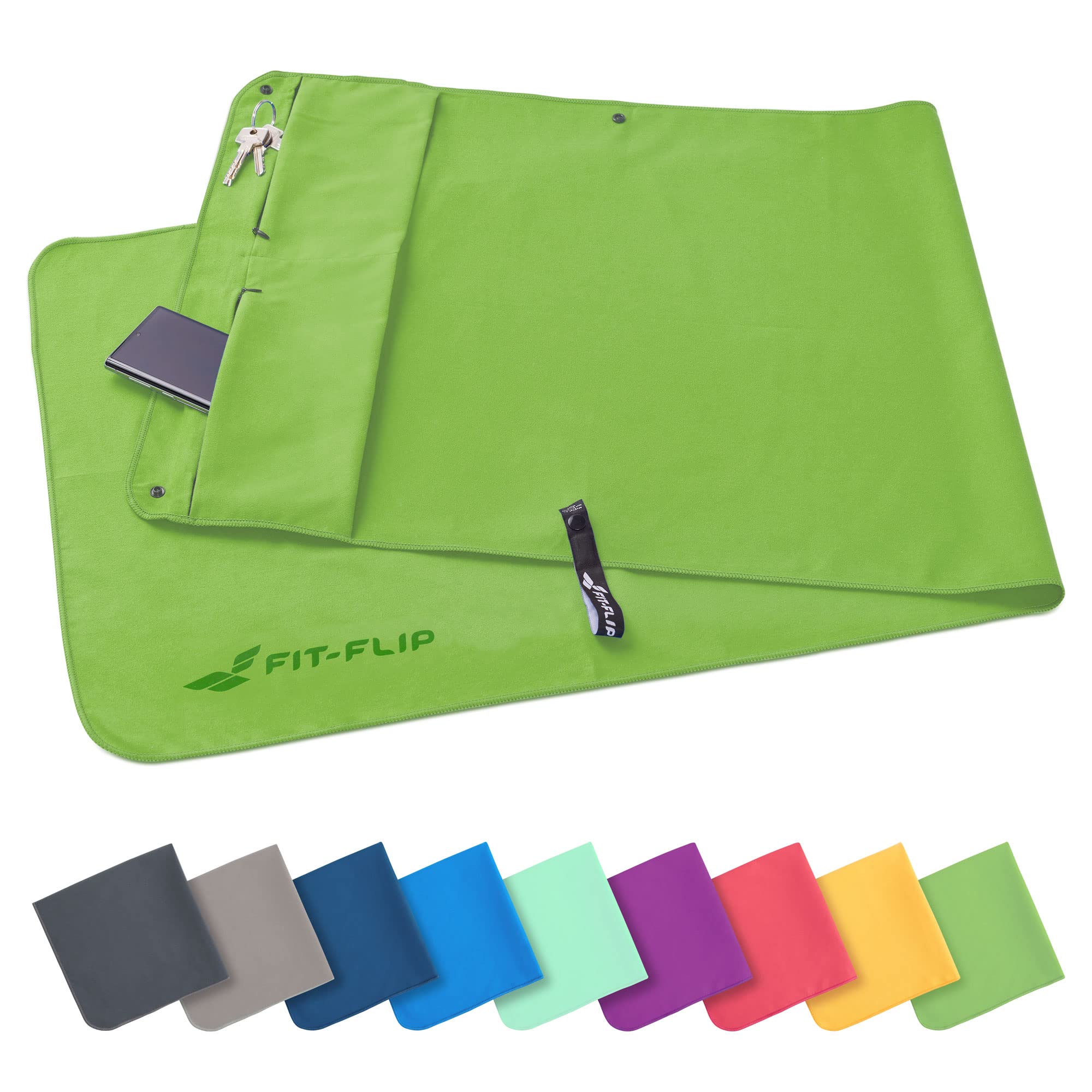 Fit-Flip Asciugamano Sportivo con Scomparto a Cerniera + clip Magnetica, Asciugamano da Palestra in Microfibra, Compatto e ad Asciugatura Rapida, Asciugamano da Palestra in Microfibra