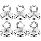DIYMAG Magnetic Hooks, 60 Lbs(27 KG) Pulling Force Rare Earth Magnetics Hook with Countersunk Hole Eyebolt for Workplace, Home, Kitchen, Fishing, Office and Garage, Pack of 6, Silver, DIY-NJ25-6P