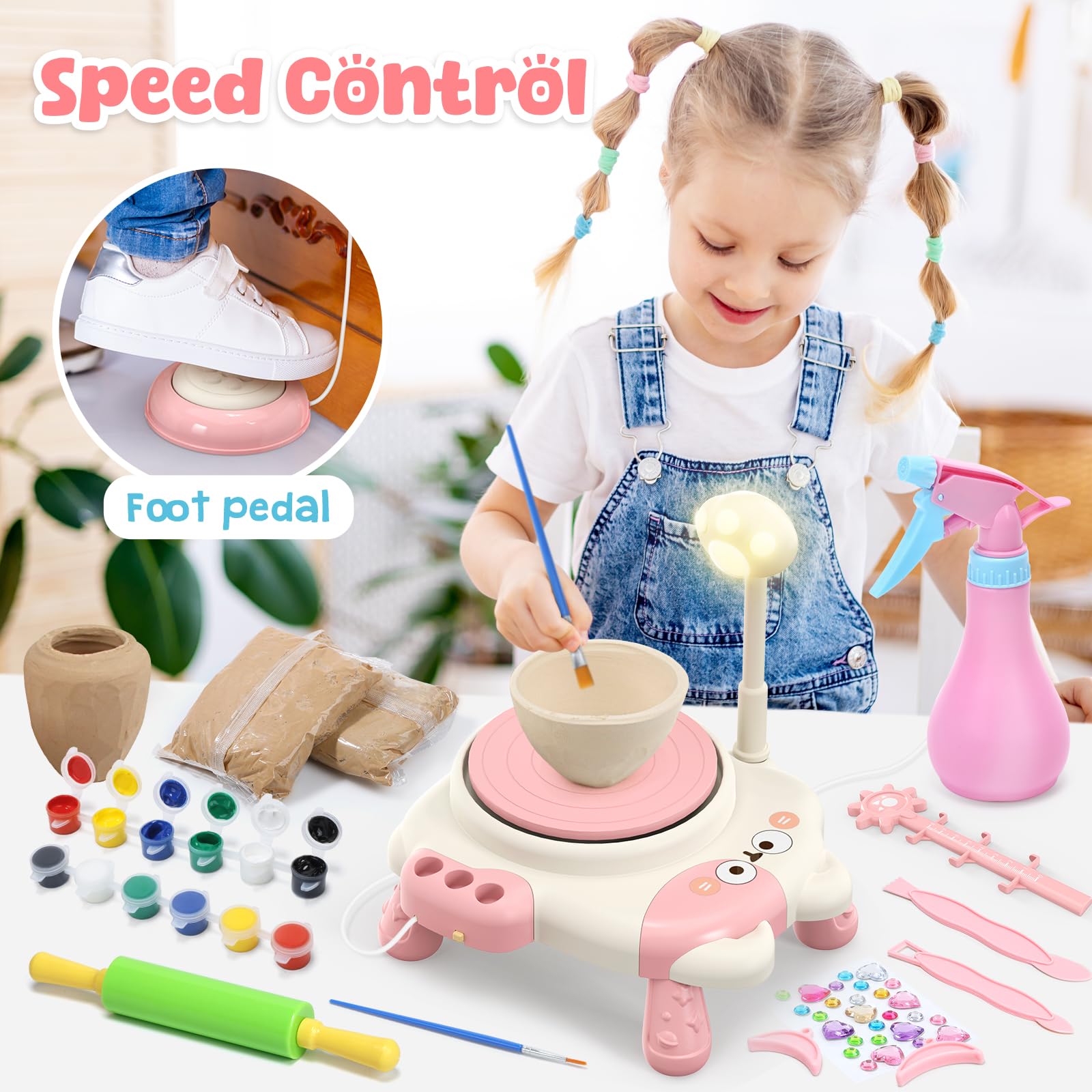 Skirfy Pottery Wheel for Kids Beginners with Light,Arts and Crafts for Kids Ages 8-12,Ceramic Wheel with Painting Kit, Adjustable Speed,Birthday Christmas Thanksgiving Gift for Girls Boys Age 6+
