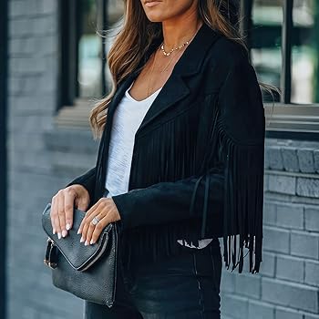 Genuine Suede Tassel Lapel Long Sleeve Motor Biker Native American Genuine Suede Tassel Lapel Long Sleeve Motor Biker Native American