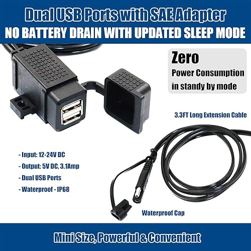 Miniatura 2 de MOTOPOWER MP0609C - Kit de cargador USB dual impermeable para motocicleta de 31 amperios adaptador SAE a USB cable adaptador para teléfono tableta