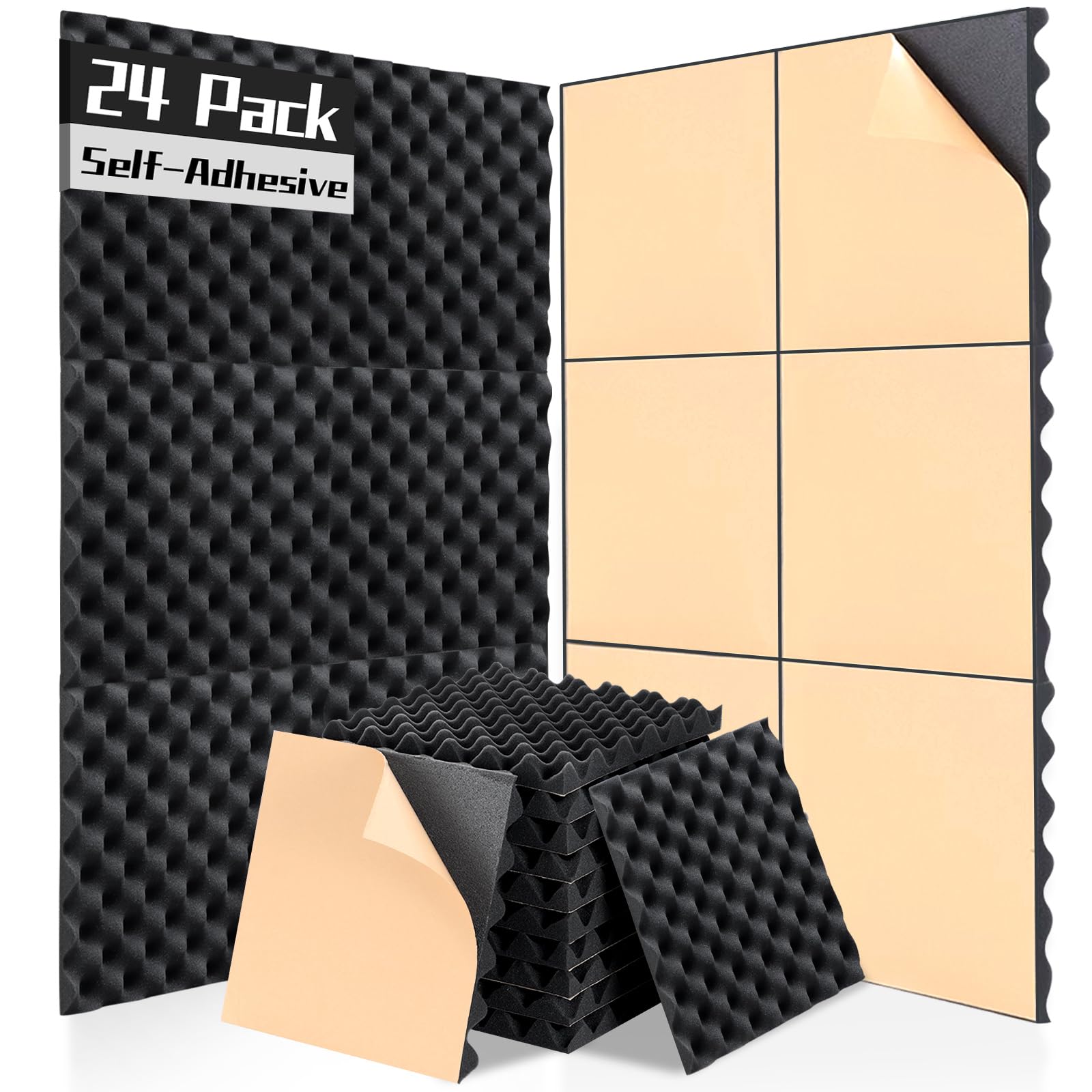 24 Pack Self-Adhesive Acoustic Panels,12"x12"x1.2" Egg Crate Sound Proofing Panels for Walls,High Density Acoustic Wall Panels for Recording Studios,Bedroom,Offices,Gaming Room