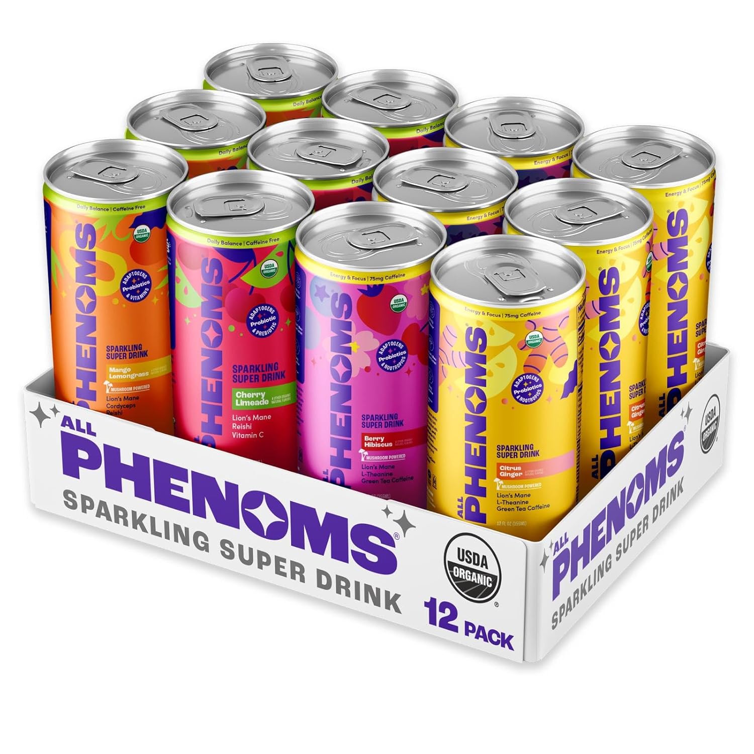 All Phenoms Sparkling Organic Prebiotic & Probiotic Drink - Adaptogen Mushroom Blend (Lions Mane & Reishi), L-Theanine, Caffeine, Fiber, B12, C, Zinc Gluconate (No Stevia) - Variety Pack, 12 Pack