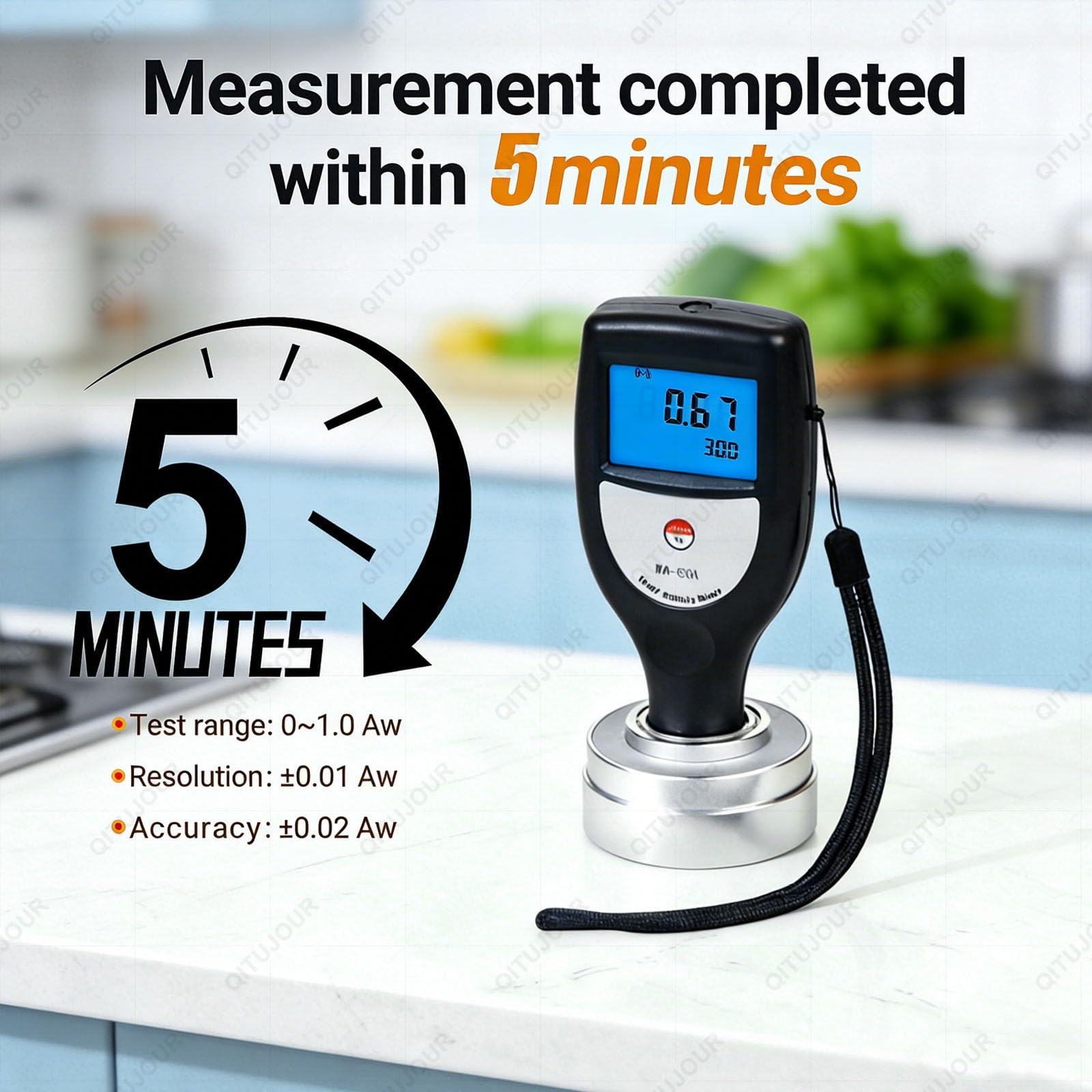 Misuratore di attività dell'acqua per test alimentari, tester portatile di sicurezza per frutta e verdura, display a LED, gamma 0-1,0 aw, risoluzione 0,01 aw, strumento di misurazione accurato