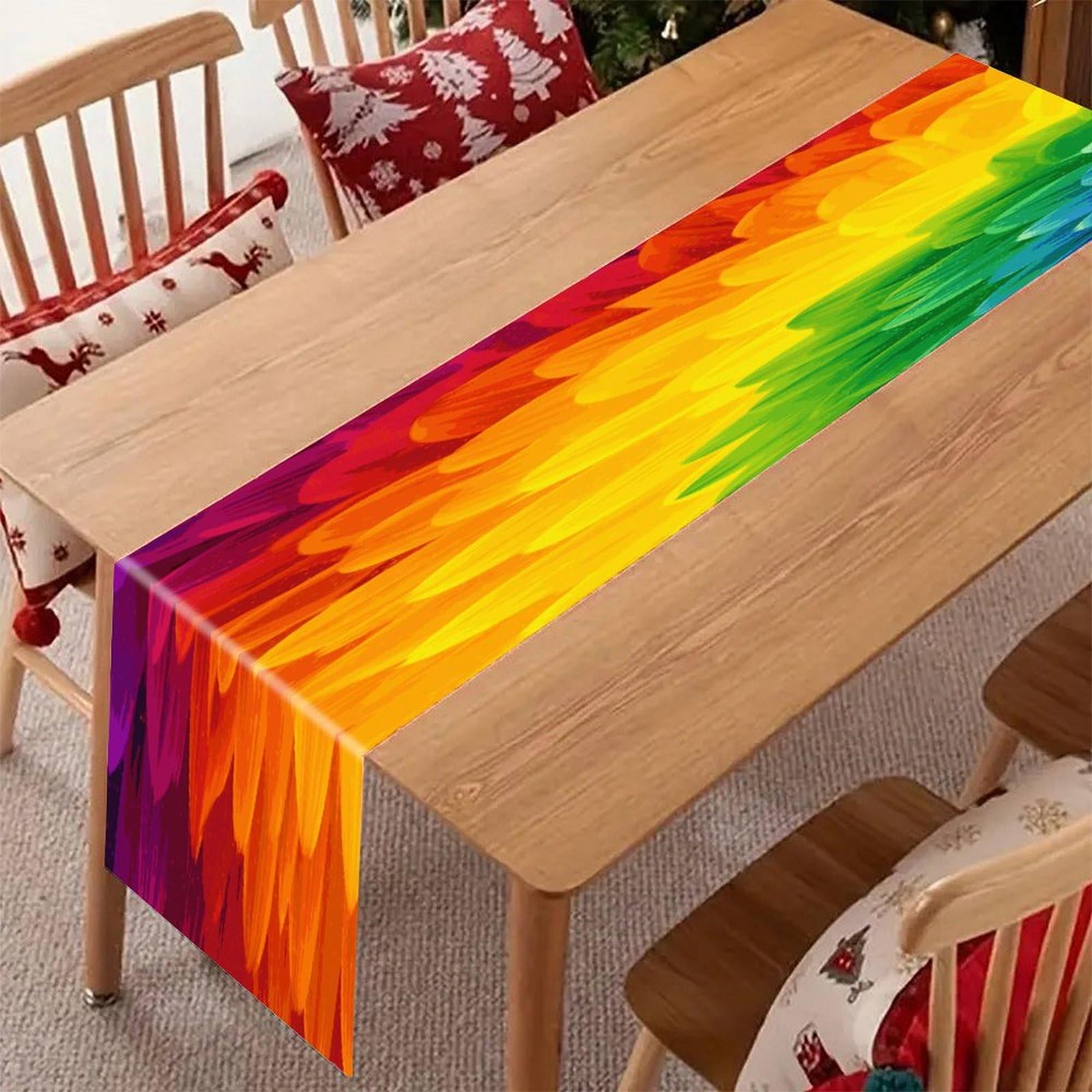 Adfgyerh Style Sunflower Rainbow Table Runner，Pure Linen Chambray ,Boho Table Runner，Heavy Duty Washable Fabric Decorations ，For Party Kitchen Dining Table Coffee Holiday Party Decor (12X70.87 Inches)