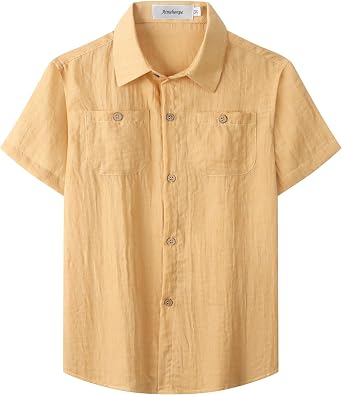 Boys Chambray Button Down Shirt Short Sleeve Summer Casual Cotton Woven Kids Fashion Clothes with Pocket