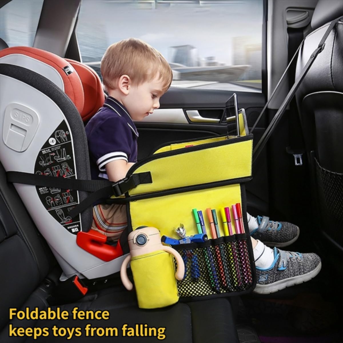 Kids Travel Tray Cute Cartoon for Car Seat Road Trip Essentials Activity Table Toddler Lap Desk Oraganizer for Car (green cars)