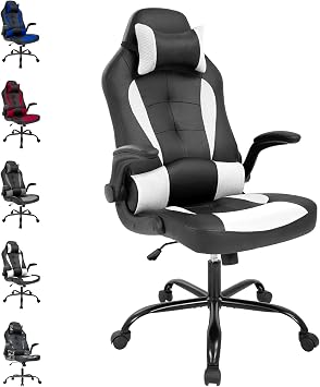 Massage Gaming Chair White,Gamer Chair, Video Game Chair for Adults, Desk Chair with Lumbar Support Flip Up Arms, Rolling Chair with Wheels for Adults, PU Leather Computer Chair