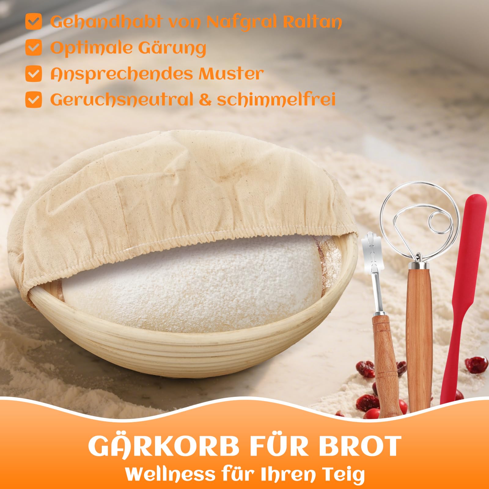 NZQXJXZ Gusseisen Topf Brot Backen, 26cm Emaille Schmortopf mit Deckel Brotbackform mit Banneton Brot Gärkorb Sauerteig Brotbacken Zubehör, 2-in-1 Brotbacktopf mit Pfanne Deckel Kochen Pan