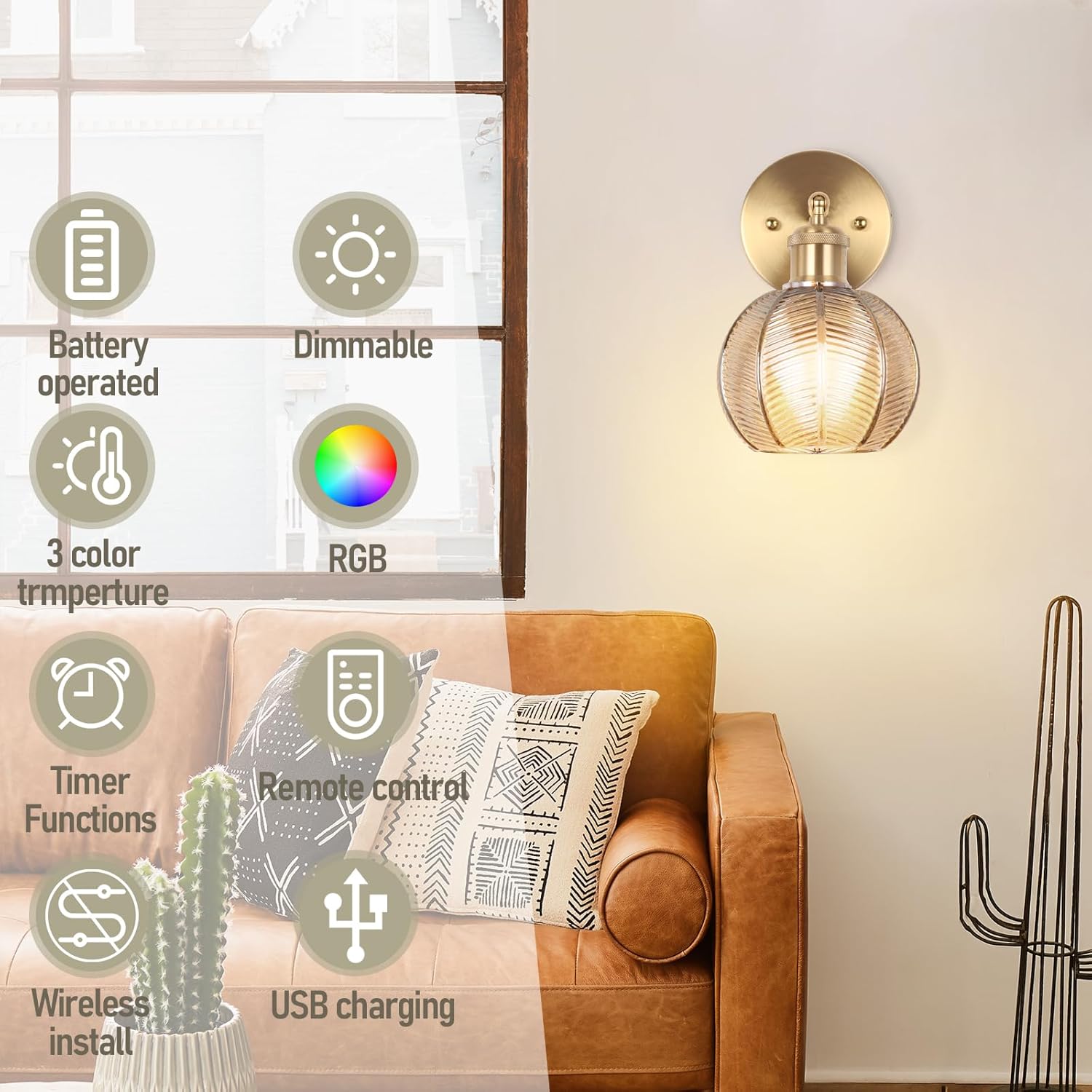 Battery Operated Wall Sconce, Vintage Wall Sconce with Amber Tulip Glass Lampshade Rechargeable, Battery Wall Light with Remote,Wireless Wall Sconces, for Bedroom,Living Room, Hallway