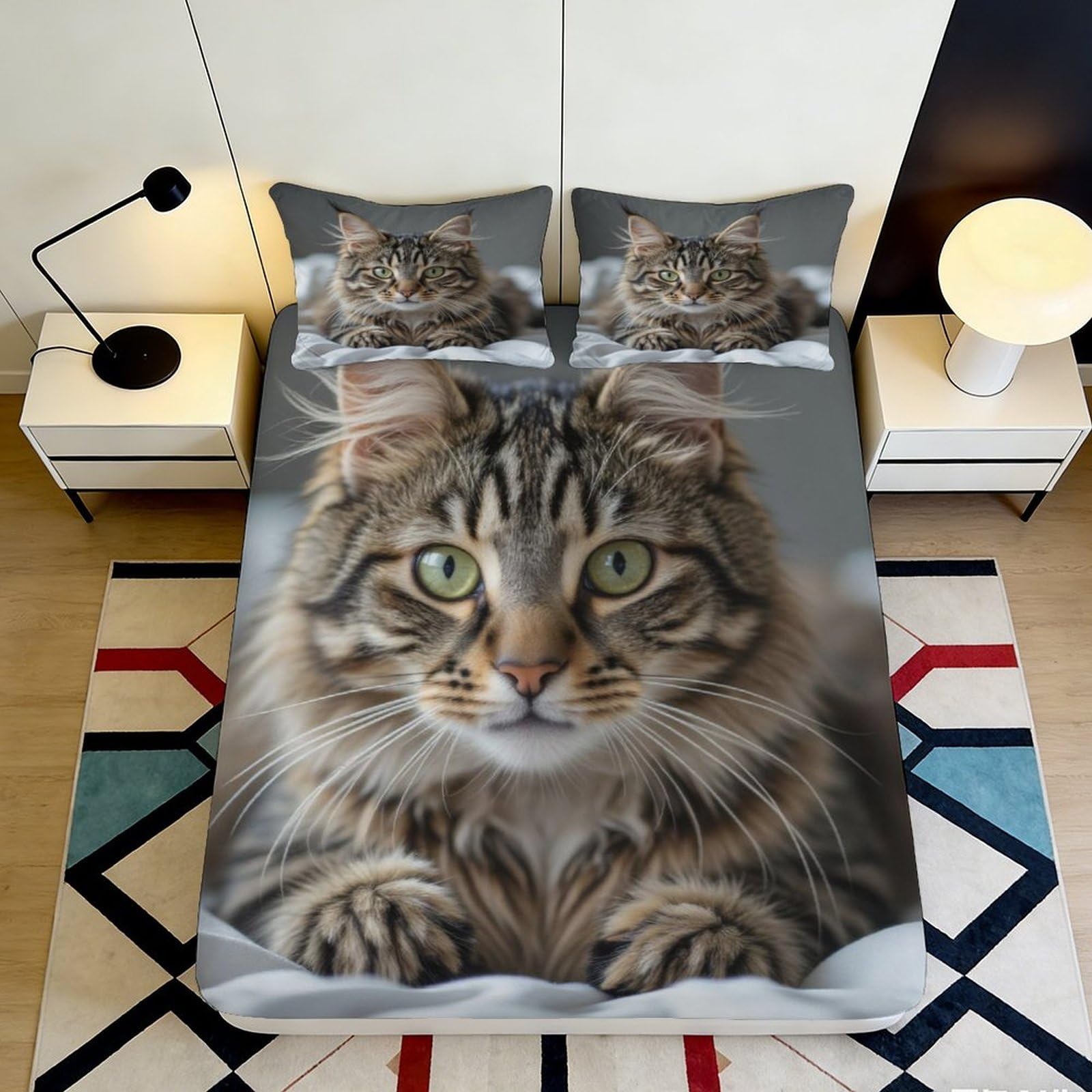 3D Printed Cat Face Fitted Sheet Microfiber Soft Breathable Tabby Cat Bed Cover for Bedroom Dormitory Guest Room Mattress Protection Decor 200x200x25cm