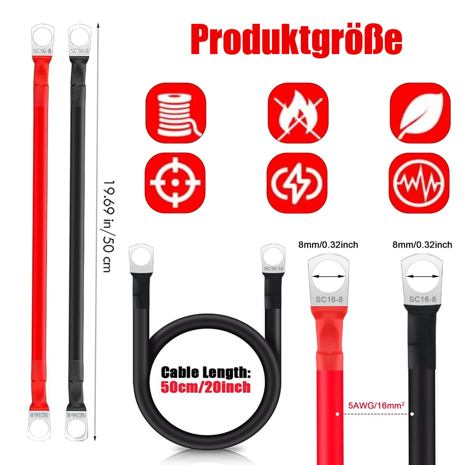 WANGYZJ 2 STK 5 AWG Batteriekabel Aus Reinem Kupfer, Batterie Kabel Mit M8 Ringklemmen, 16mm² Auto Batterie Kabel Für LKW Motorrad Solar Marine Schwarz Rot (Länge: 50 cm) - 3