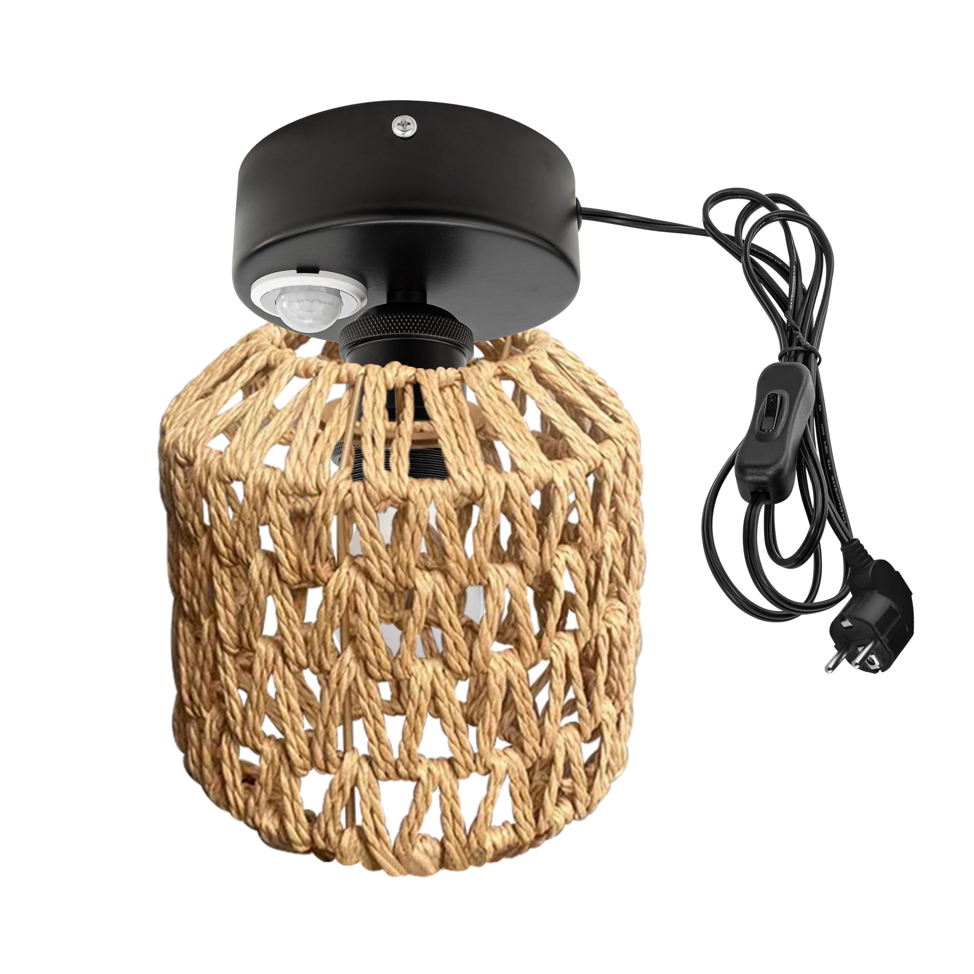 Lampada da soffitto con sensore di movimento interno, stile boho rattan, lampada da soffitto radar, sensore di movimento con cavo da 4,5 m e portalampada E27, per corridoio, bagno, scale,