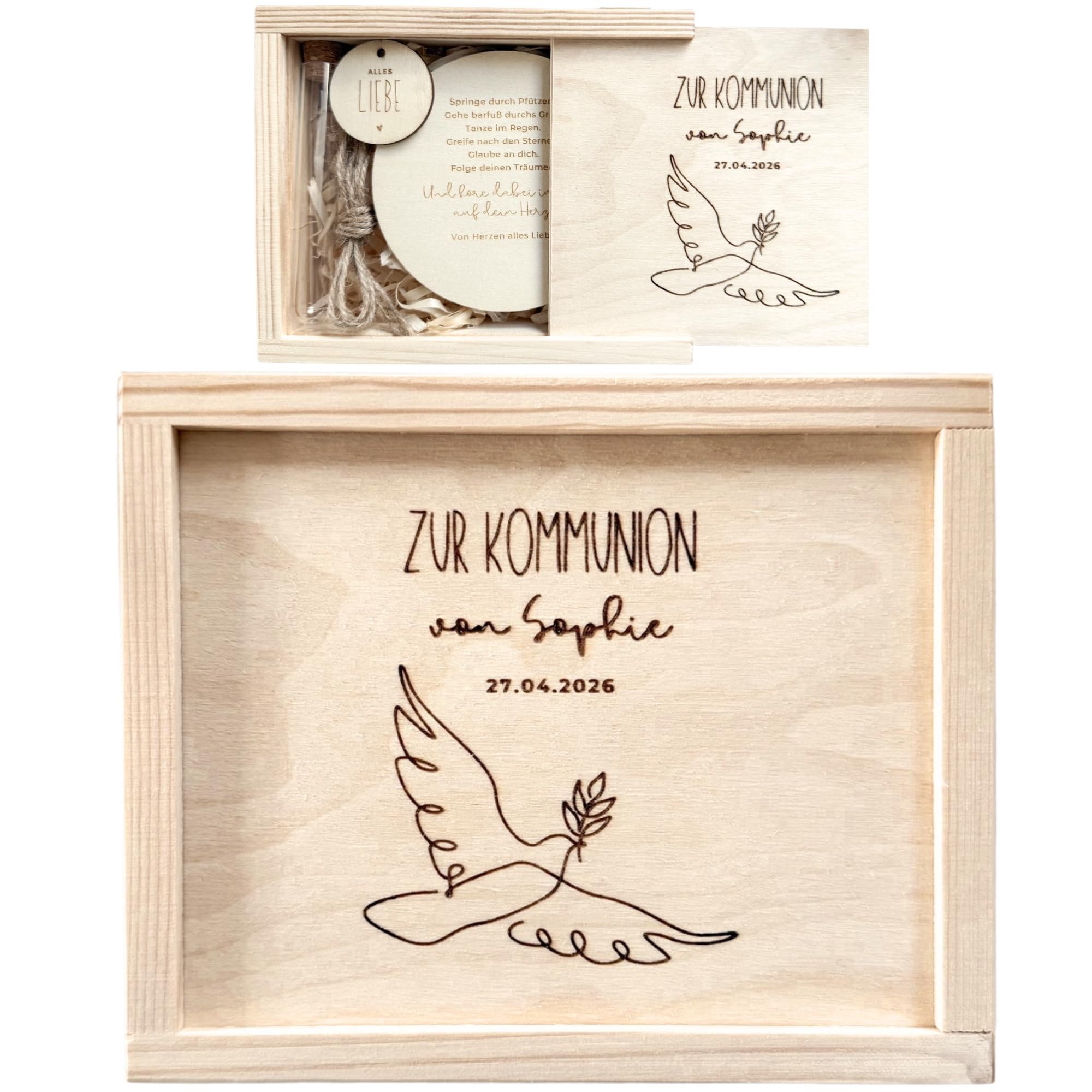 casa ferraro Geldgeschenk Kommunion aus Holz – Geldgeschenke Verpackung mit Reagenzglas & Gravur – Persönliches Kommunionsgeschenk für Jungen & Mädchen – Geschenk Erstkommunion personalisiert