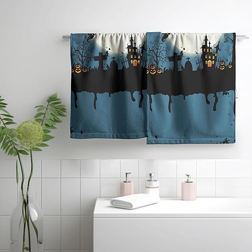 Miniatura 6 de Kwlegh Juego de 2 paños de cocina de bruja y luna de Halloween, juego de 2 toallas de baño espeluznantes de castillo, calabazas, murciélagos,