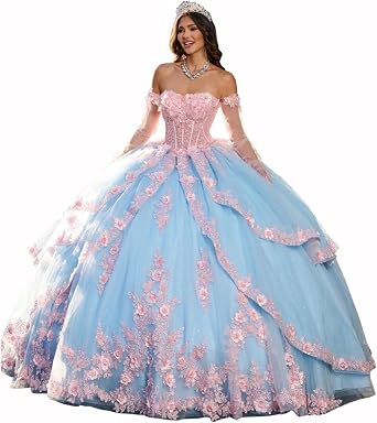 3D Floral Tulle Quinceanera Dresses with Detachable Sleeves Off Shoulder Puffy Sweet 16 Dresses Princess Prom Gown
