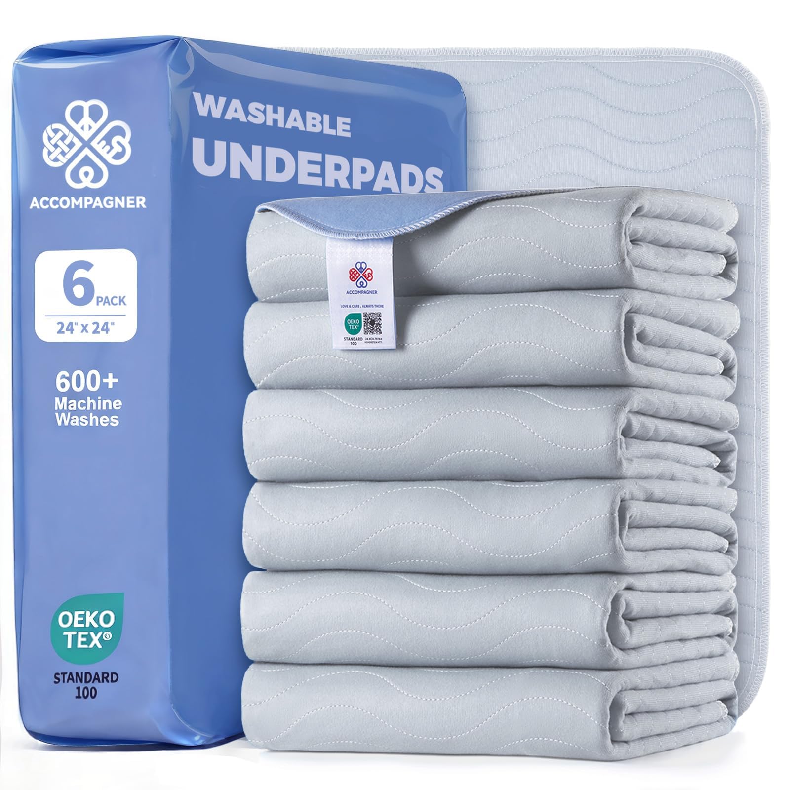 Accompagner Incontinence Bed Pads Washable Waterproof, Ultra-Absorbent Reusable Underpads for Diaper Changing, Nursing, Bedridden, Adults, Seniors, Kids and Dogs (Pearl Gray, 24"x24"(Pack of 6))