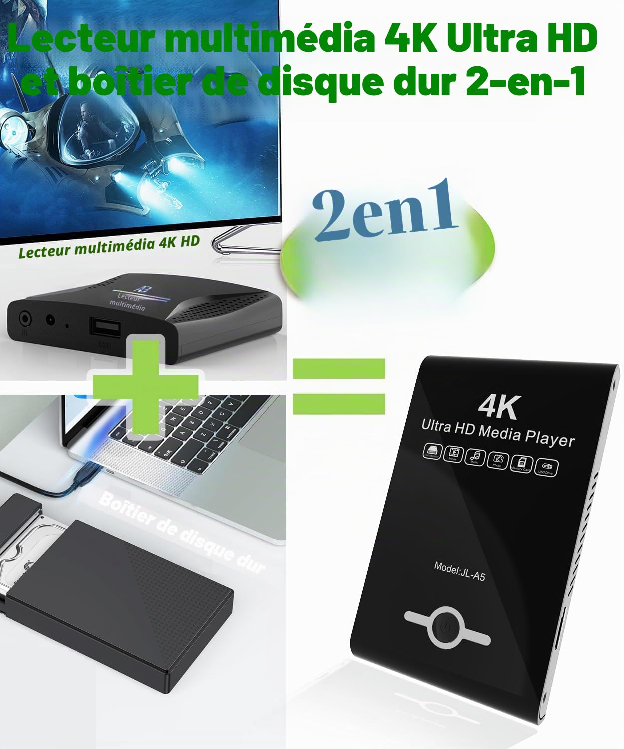 Lecteur multimédia 4K Ultra HD et boîtier HDD 2 en 1 : Lecture H.265/HEVC, H.264/AVC MP4, vidéos MKV, Musique MP3, Photos JPG, HDMI 4K, AV analogique, Prend en Charge 2", 2,5