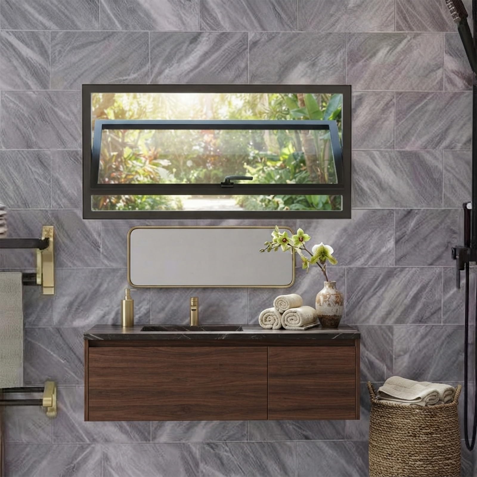 Ventana con rotación de 360 grados y cristal templado negro para baño moderno