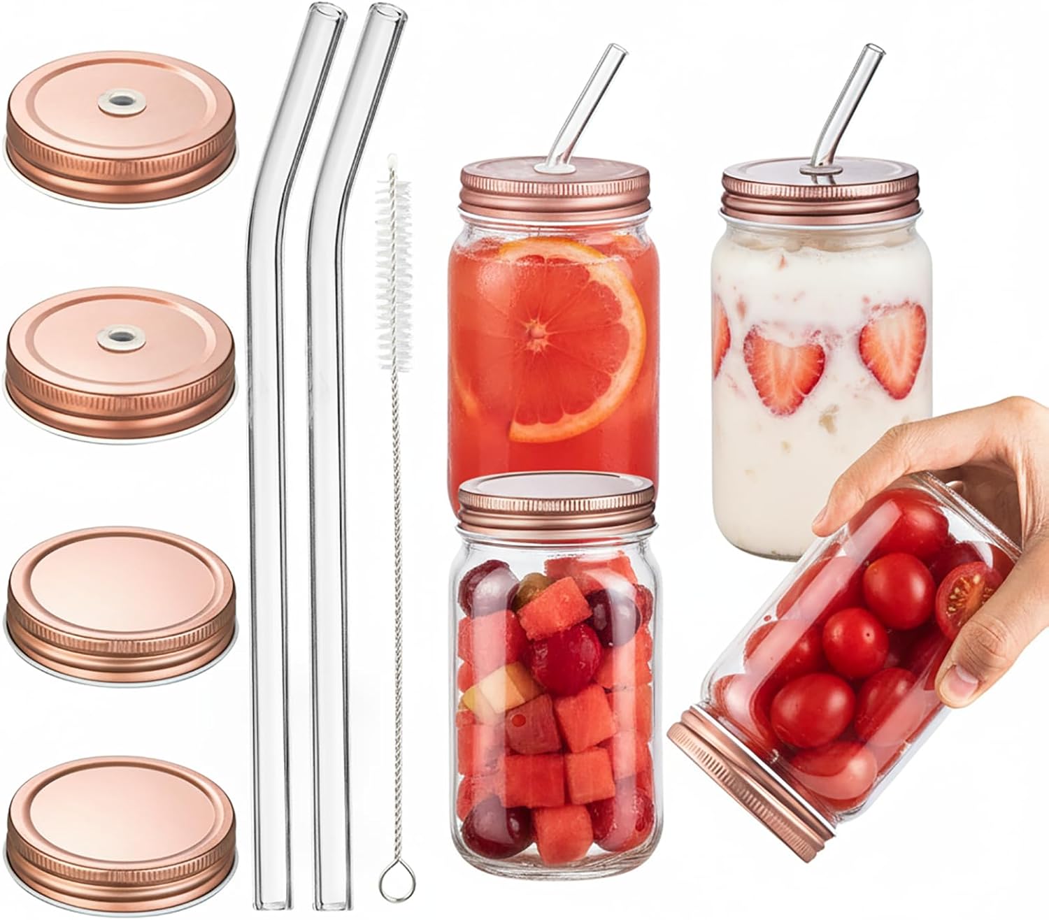 16oz Glass Cups with Lids and Straws - 4Pcs Drinking Glasses Set for Coffee Bar Accessories,Iced Coffee Cups with Lids,Matcha Cup Glass Tumbler Reusable for Gifts