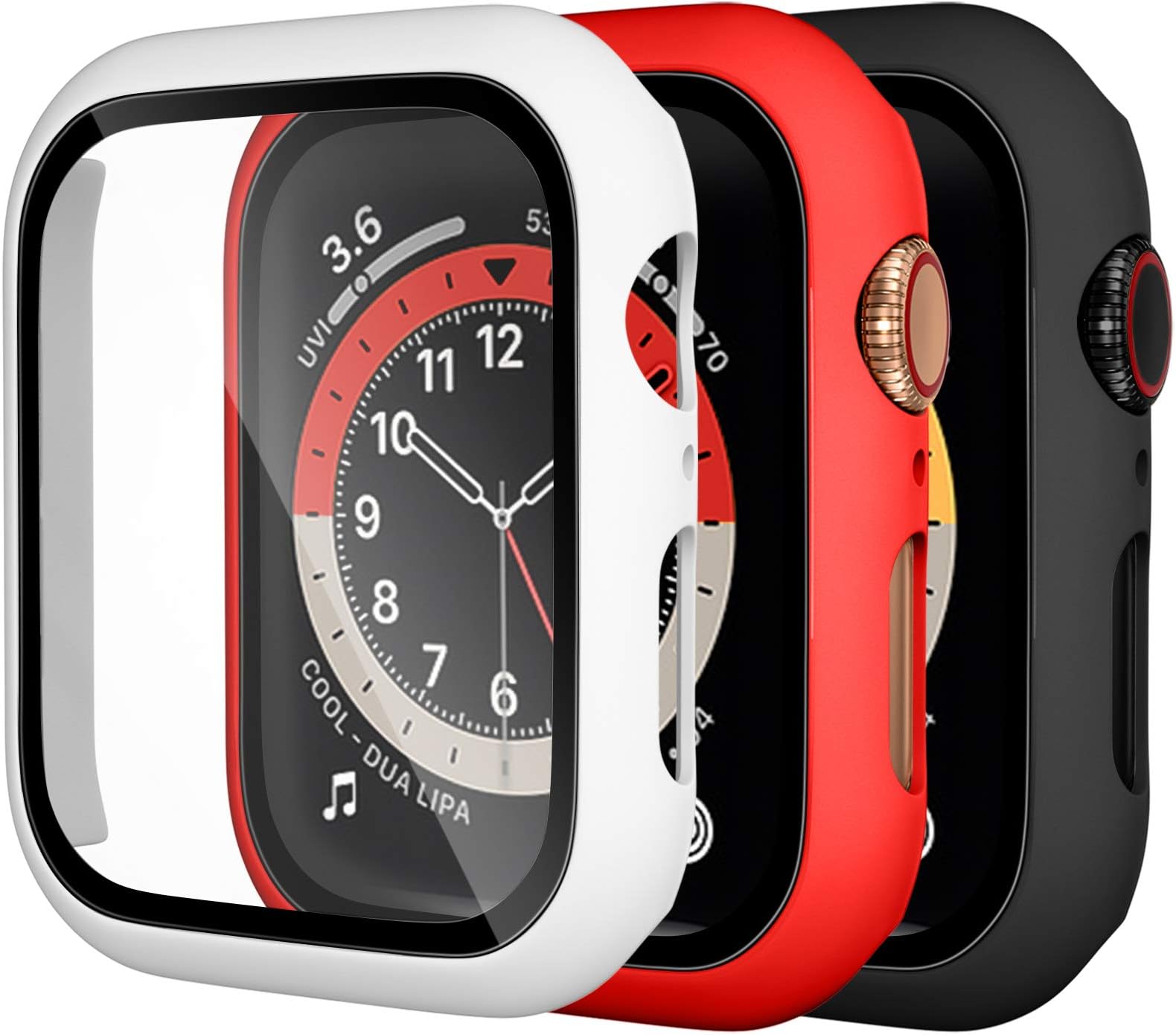 Dirrelo 3 Pack PC Case Compatible with Apple Watch Series 6/5/4/SE 44mm Tempered Glass Screen Protector, Full Cover Thin All-Around HD Protective Bumper Case for iwatch 6/5/4, White/Red/Black