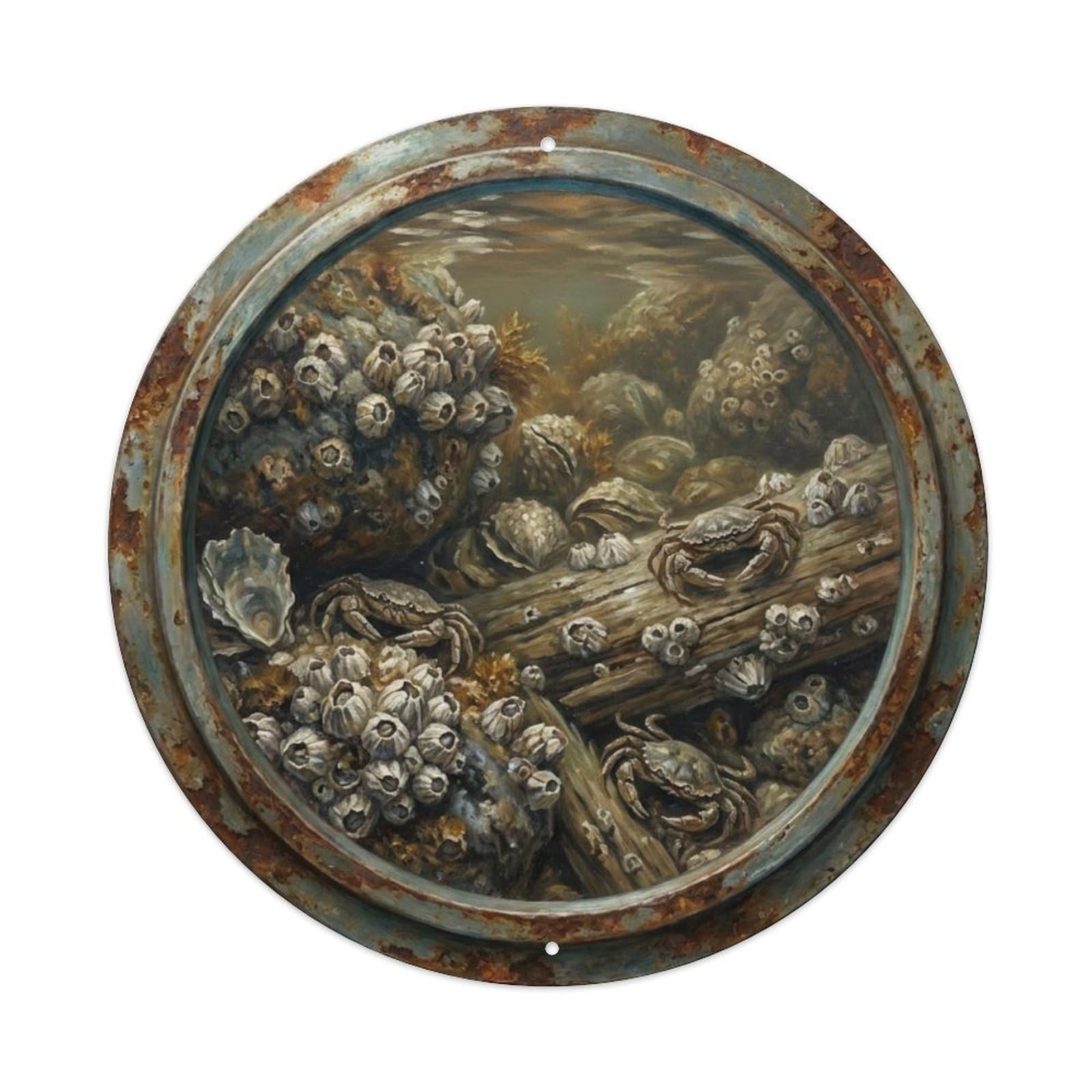 Vintage Porthole Barnacle Crust Ship Window Undersea Deep Sea Metal Tin Sign