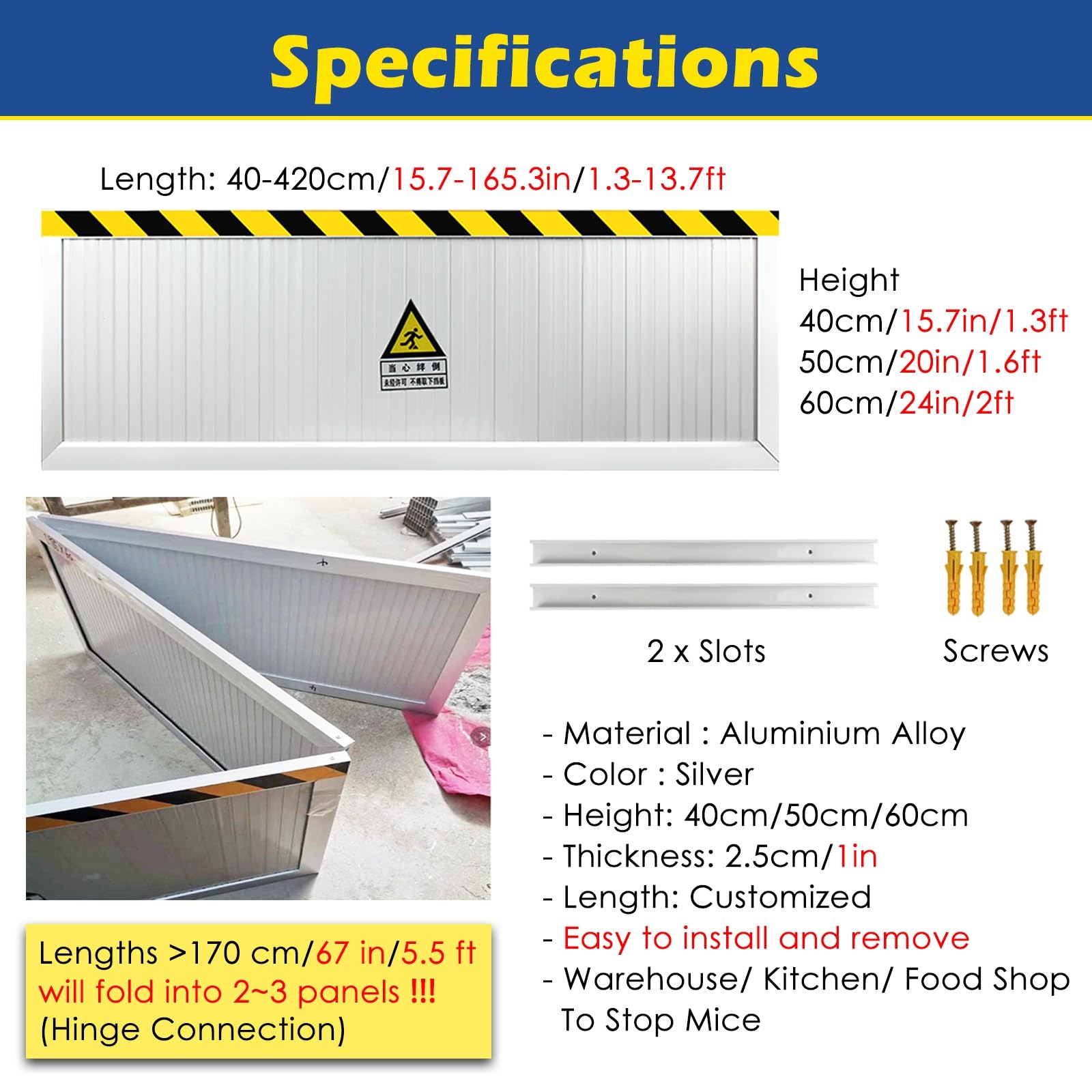 Aluminum Folding Rodent Guard for Warehouse, Removable Garage Door Seal Guards Prevent Mice, Reusable Lofts Kitchen Toilet Mouse Proof Baffle - Custom Length(H 60cm/23.6in,L-170cm/66.8in/5.6ft)