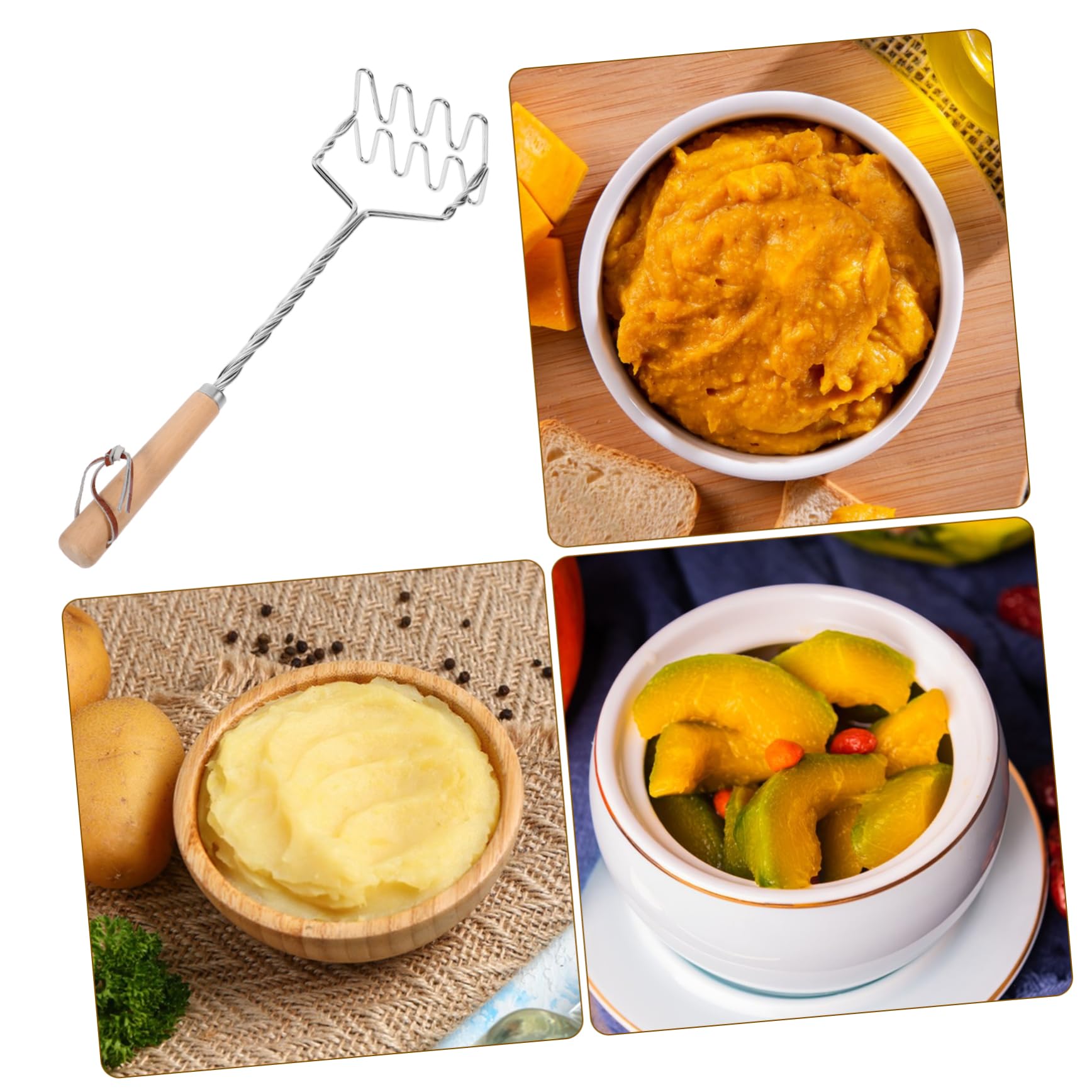 ABOOFAN Manual Stainless Steel Potato Masher with Wood Handle Versatile Kitchen Tool for Easy Mashing of Potatoes Vegetables Fruits Effortless Puree Maker for Food and More