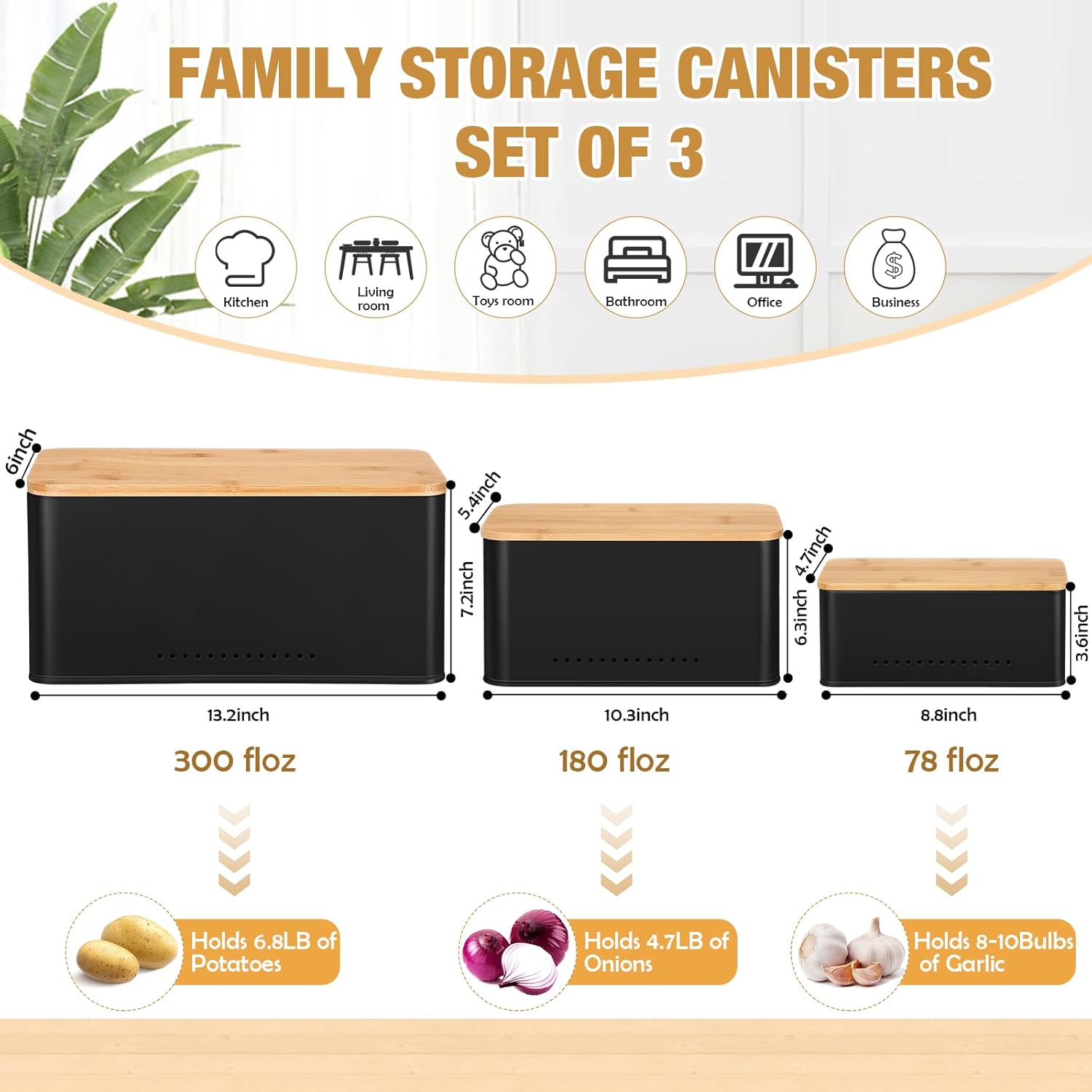 Honeydak 3 PCS Metal Storage Box with Bamboo Lid Vegetable Potato Onion Aerating Keeper Multi-size Farmhouse Storage Bin with DIY Label Sticker For Kitchen Toyroom Bathroom Office Home Business(Black)