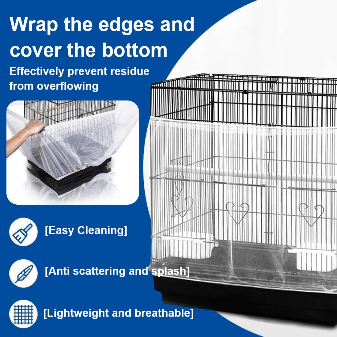 Couverture de Cage à Oiseaux, Housse de Protection en Maille, Ajustable Attrape Graine, Ventilé est Antipoussière, Housses Anti Graine pour Cages à Oiseaux, blanc, Réglable 150-180cm
