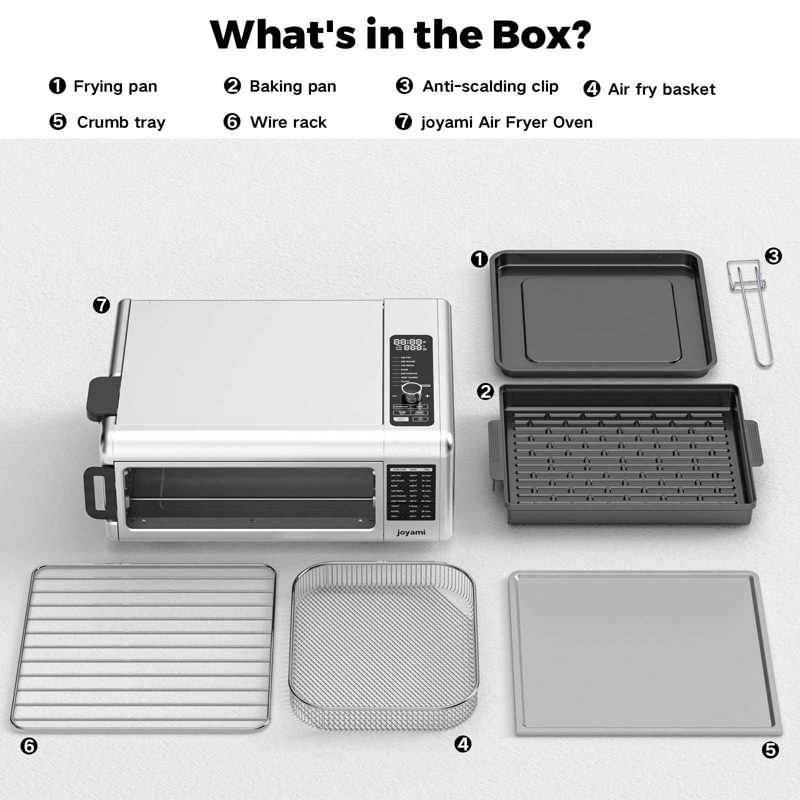 JOYAMI 18QT Air Fryer Toaster Oven and Indoor Grill Combo with See-Through Window for Air Fry, Bake, Dehydrate, Toast, 6 Nonstick Accessories, Dishwasher Safe, 1600W, Stainless Steel