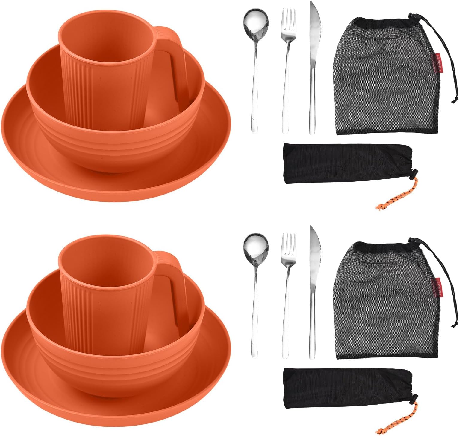 OUNA Camping Utensils Set for 2 Portable Wheat Straw Mess Kit with Bowl Plate Cup Fork Knife Spoon Outdoor Tableware and Picnicware