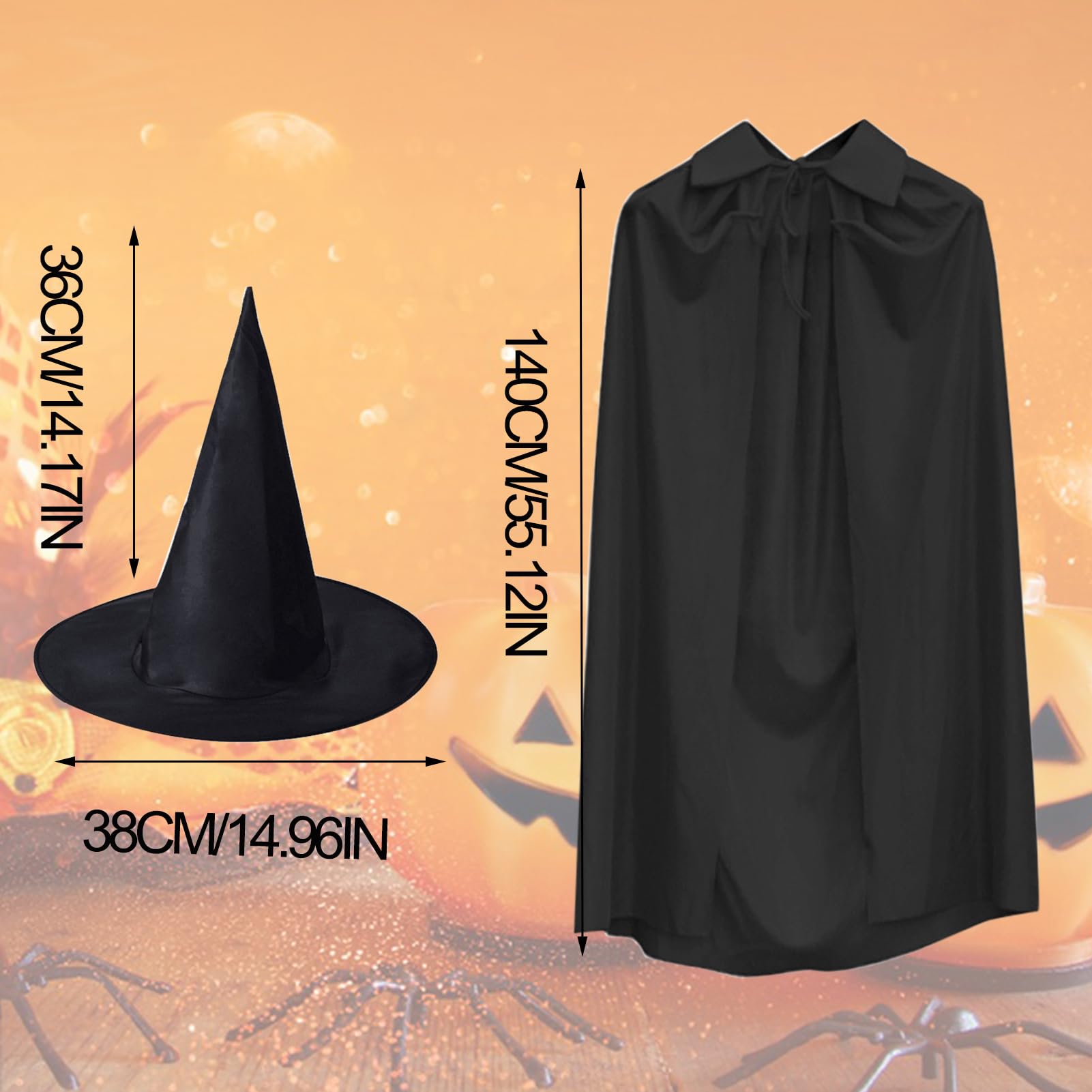 Zngou 2Pcs Halloween Witches Hat & Hooded Cape, Black, 140cm/55inch, Perfect for Adults, Halloween, Cosplay, Party - Image 2