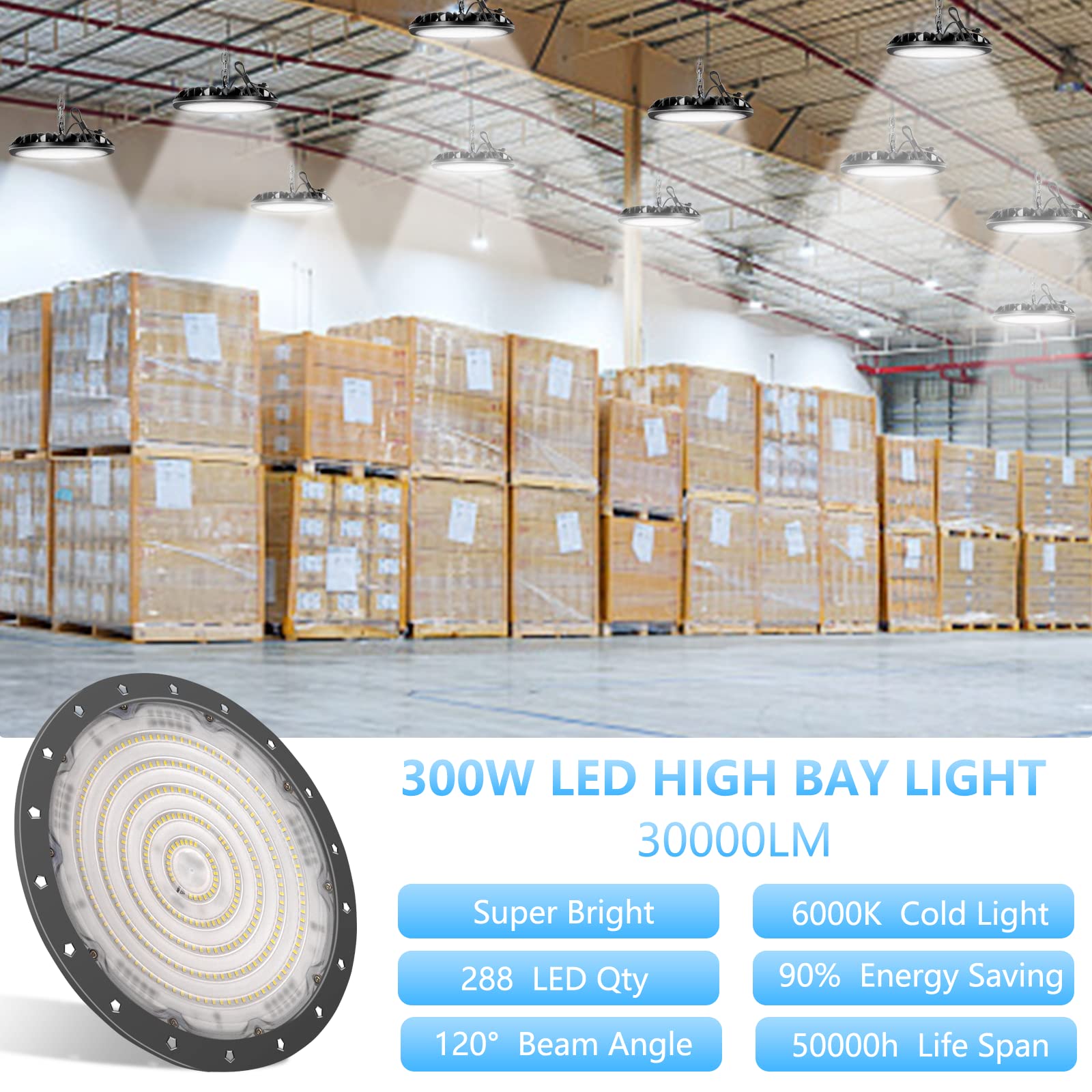 20Pack 300W UFO LED High Bay Light 30000LM 6000K Daylight Super Bright UFO Light Fixture with US Plug — view 4