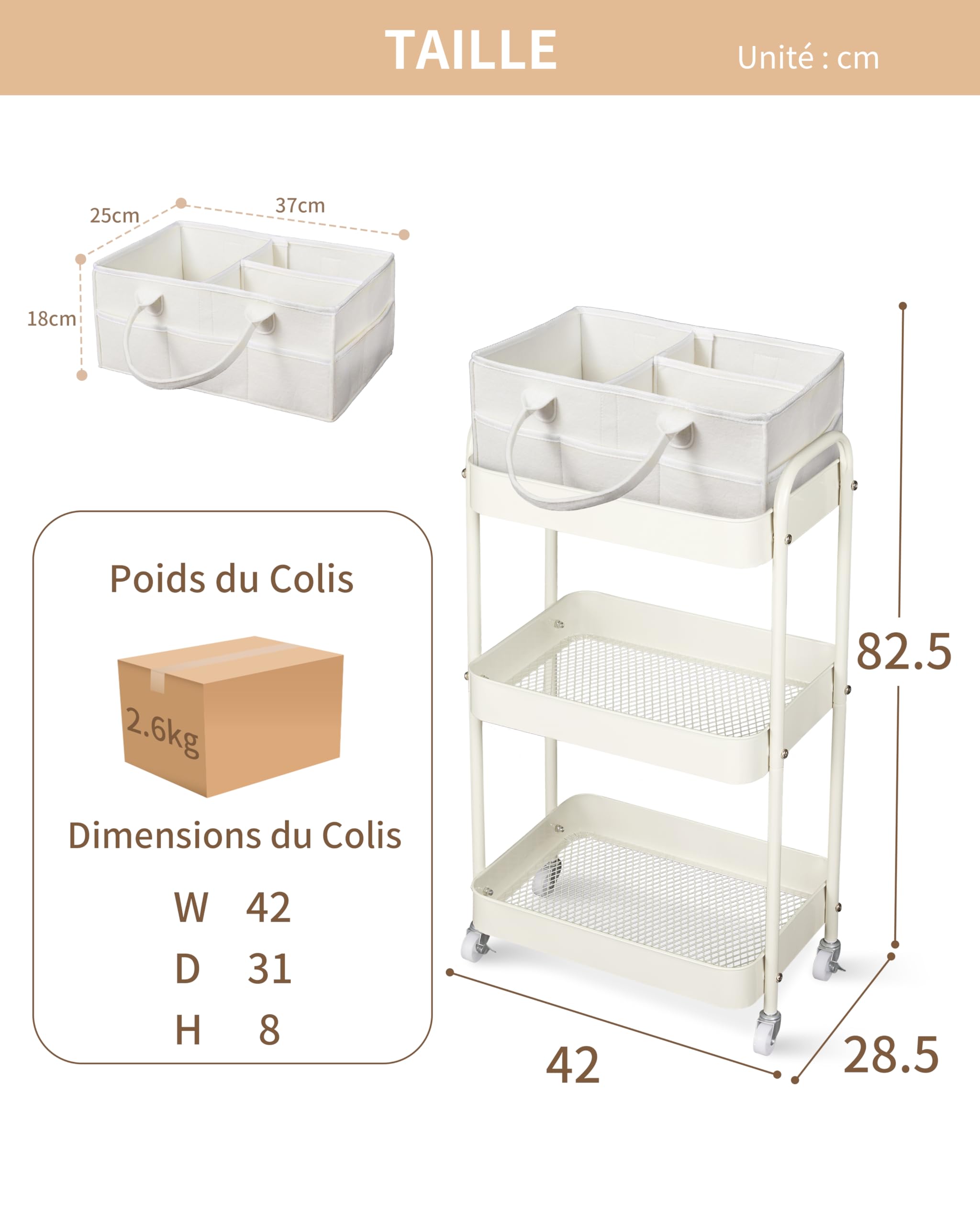 Fortella Desserte à Roulettes avec Panier Rangement Bébé, Chariot de Rangement 3 Niveaux, Sac a Langer Bebe Portable, rangement Table a Langer Bebe, Organisateur Cuisine Chambre, Salle de Bain (Beige)