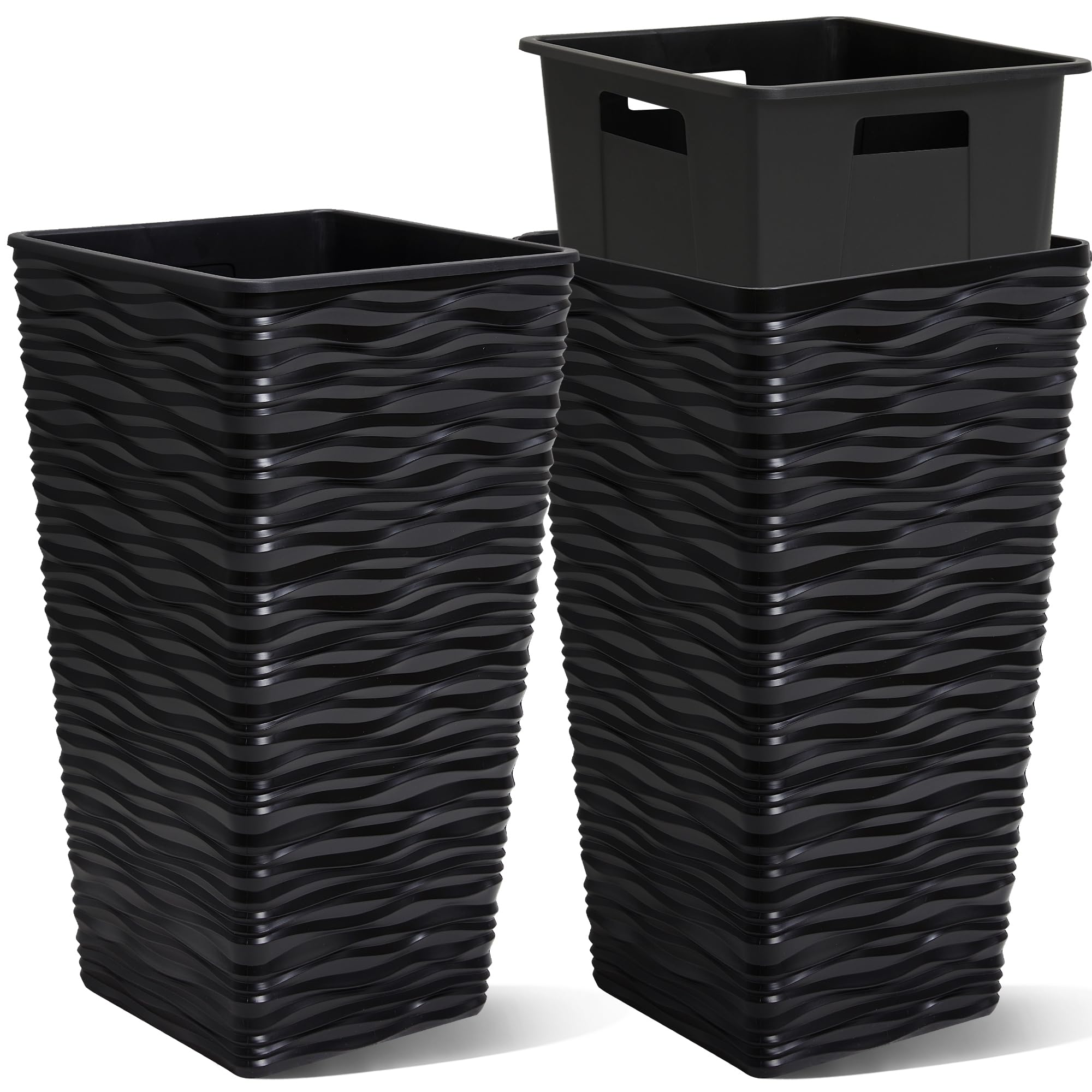 Worth Garden 1Pack 22\" H. Black Square Tapered Planter with Inside Pots - Plastic Plant Pots for Indoor Outdoor - Modern Wavy Finish Decorative Flower Pots for Front Porch Containers Patio Deck