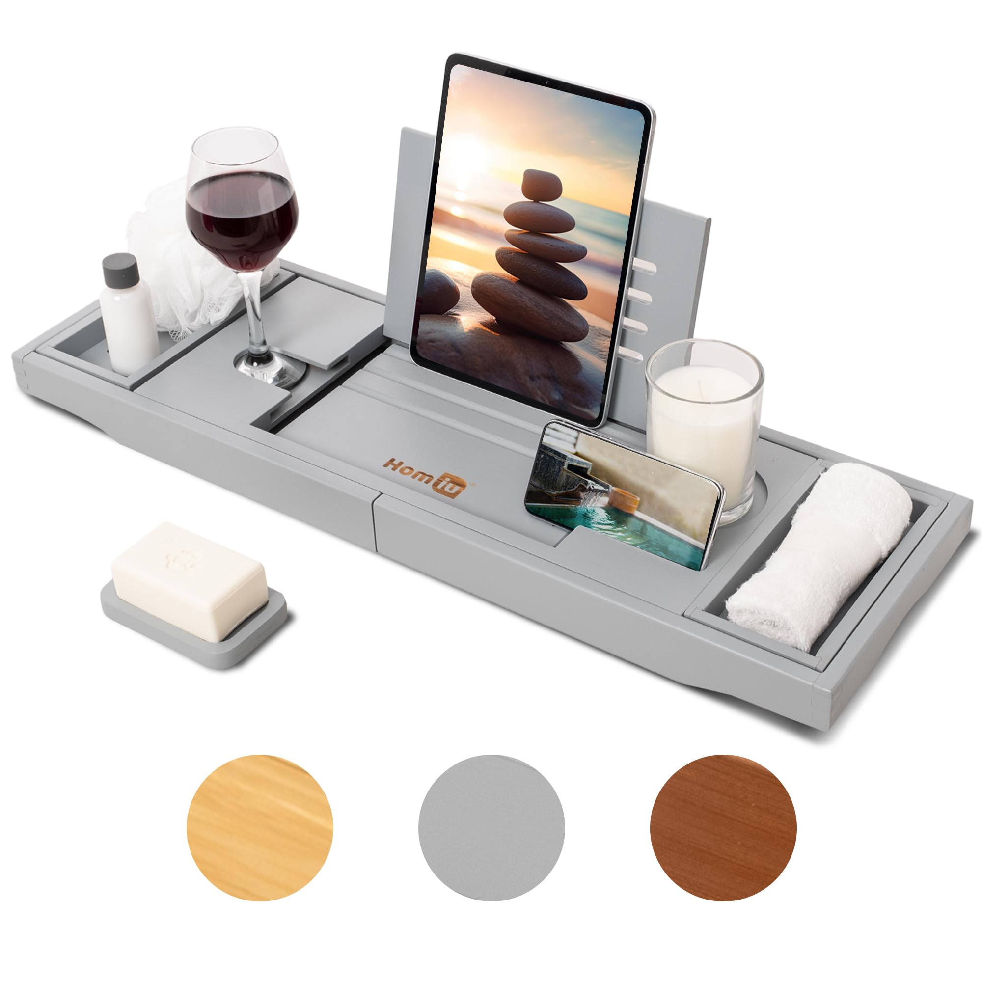 Homiu Grey Bamboo Bath Tray - Extendable Bath Caddy - Natural Wooden Bathtub Tray With Candle, Wine Glass, Book Rest, Ipad & Phone Holder Stand - Luxury Bathtub Accessories - Bath Accessories (Grey)