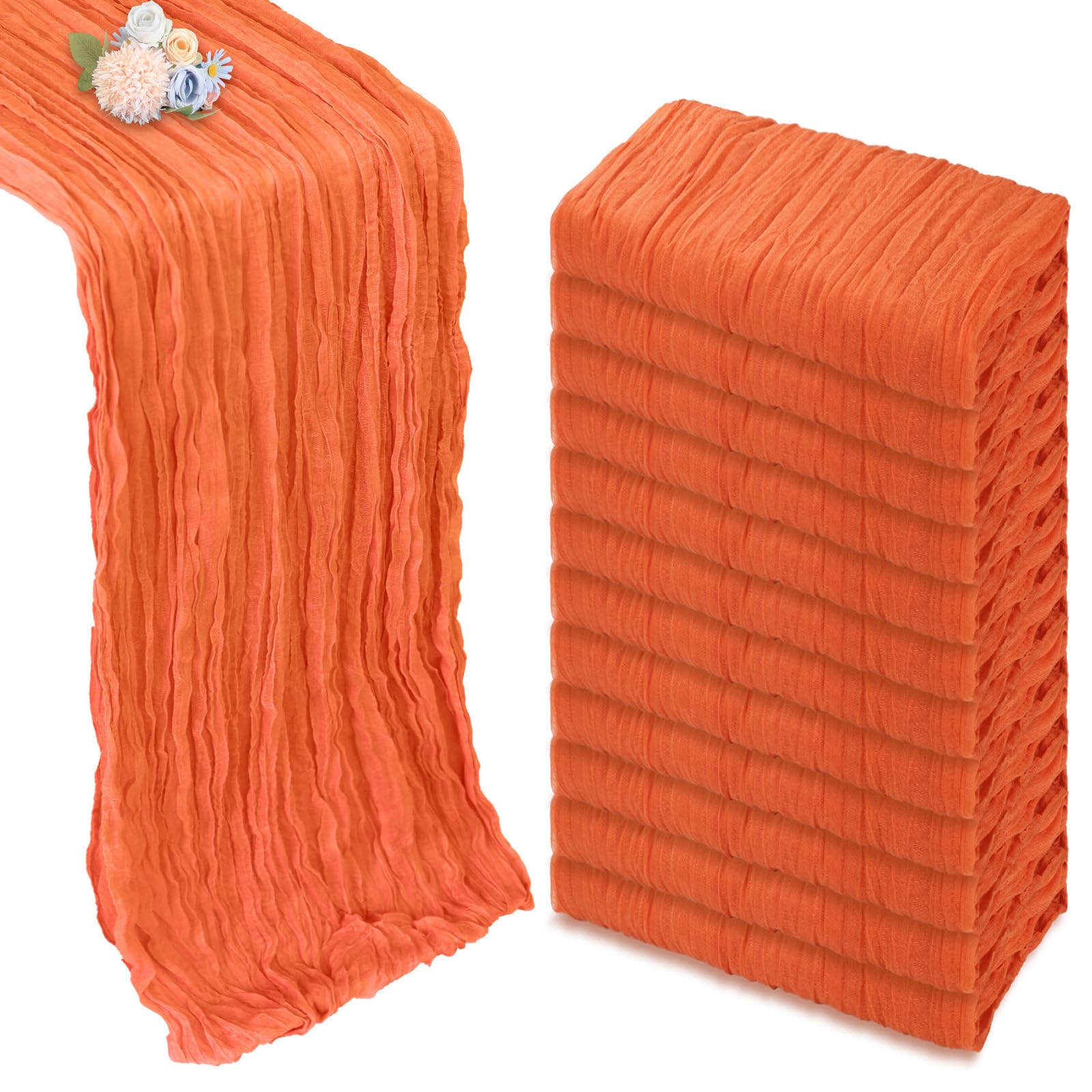 Photo 1 of 12 Pack Table Runner Orange 10ft Boho Gauze Fabric Cheesecloth Table Runner 35 x 120 Inch Rustic Sheer Runner for Holiday Baby Shower Home Décor Party Wedding Decoration