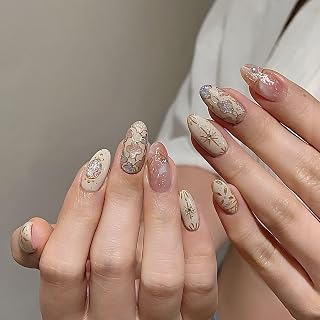 Medium Length Hand-Made Nails, Press-on Nails with Vintage Design, Baroque Two-Tone Cat-Eye Glitter Nail Art, Gilded Line Nail Tabs