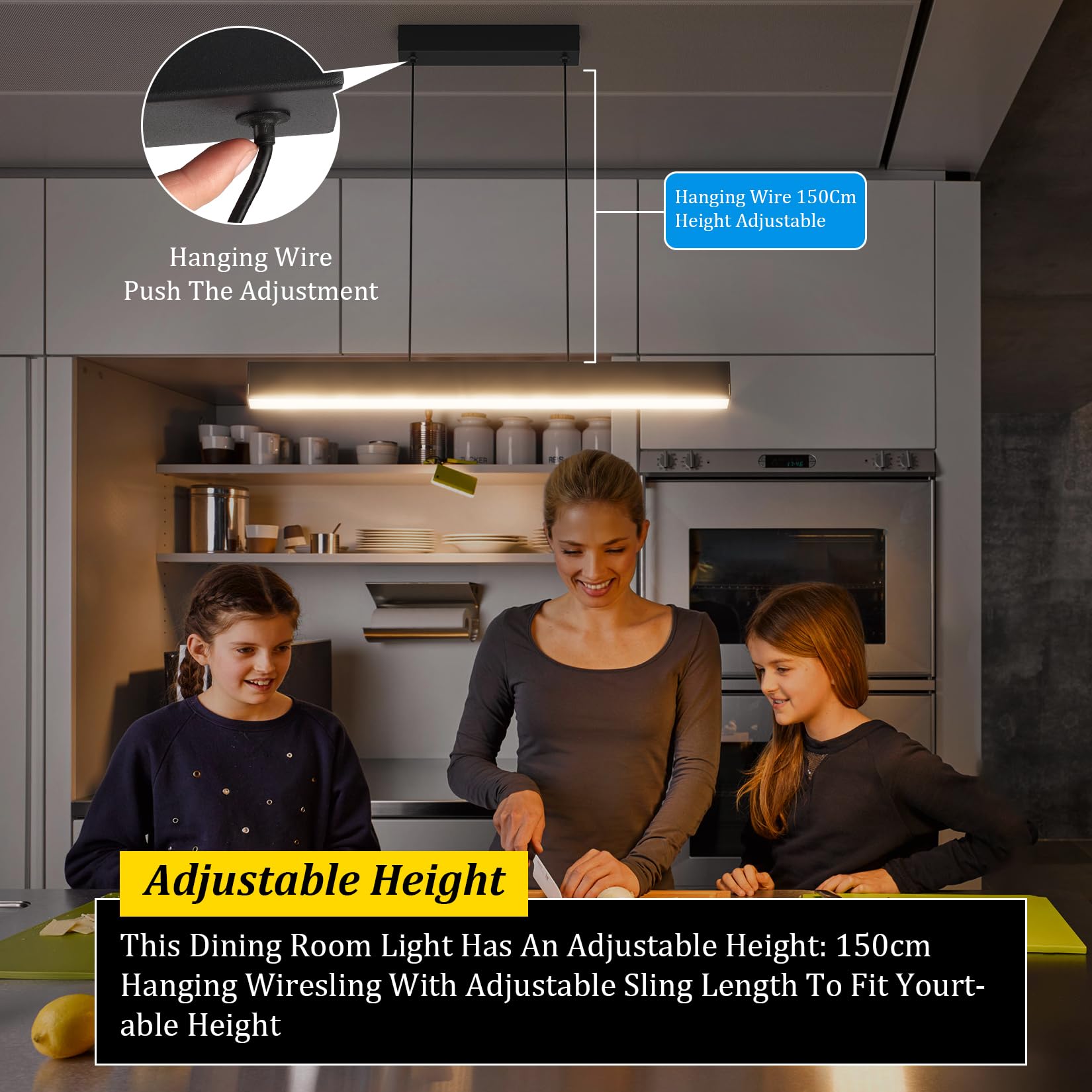 Klighten Led Lámpara Colgante De Comedor, Regulable 3000K–6000K, Lamparas de Techo Con Mando a Distancia, Lámpara De Comedor Diseño Lineal Altura Ajustable 150cm, Para Cocina Oficina, 60Cm/20W, Negro