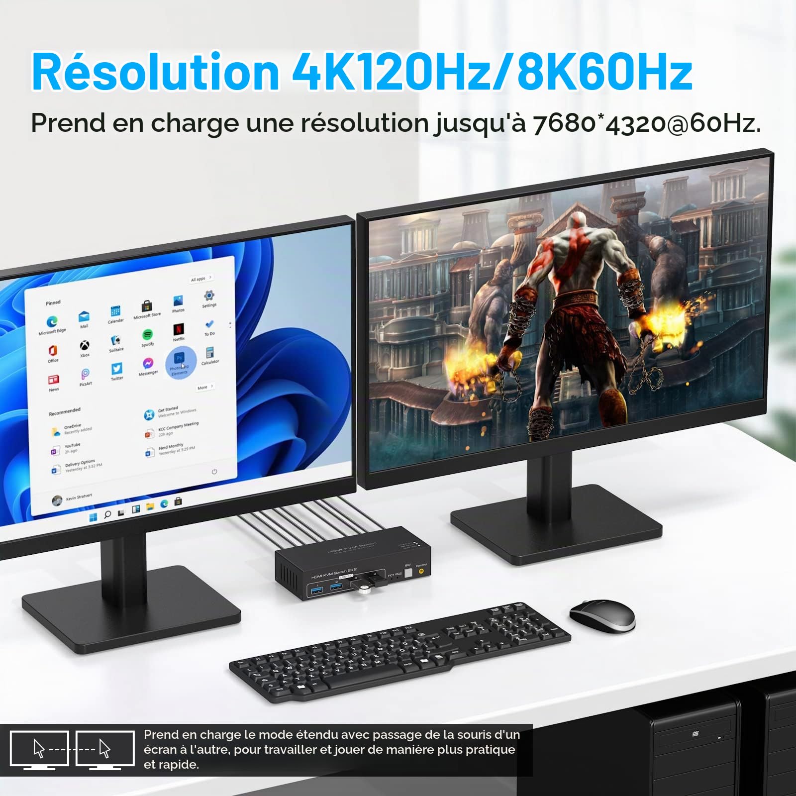 4K120Hz HDMI Commutateur KVM 2 pc 2 Monitors 8K60Hz Pour KVM Switch 2 PC 2 écrans avec 4 Ports USB 3.0 Prend en Charge le Contrôle des Câbles de BureauInclut 2 Câbles USB3.0