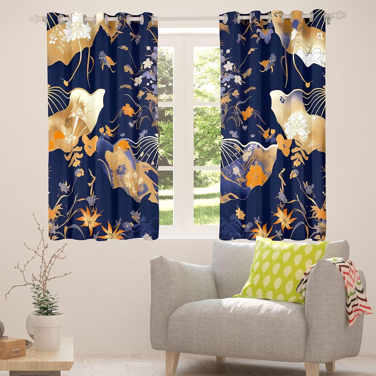 Homewish Fanowe zasłony okienne, 117 x 137 cm, 2 zestawy paneli – kwiatowe zasłony zaciemniające, japońskie składane wachlarze, kwiatowe zasłony okienne, piwonia, kwiat śliwy, stokrotka do sypialni