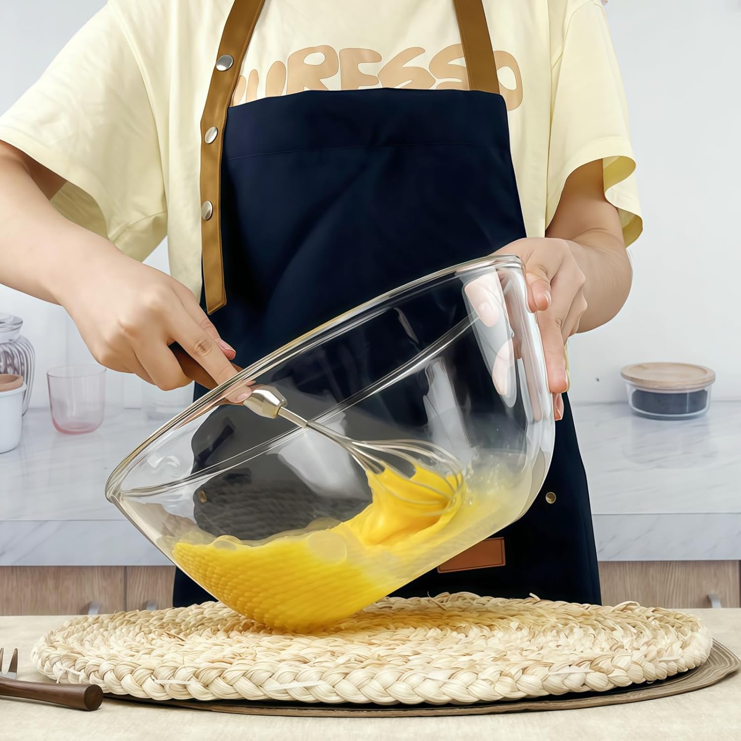 4.7QT Large Glass Mixing Bowl with Yellow Lid, Big Salad Bowl with Lid, Large Glass Bowls for Sourdough and Kithen - Image 3