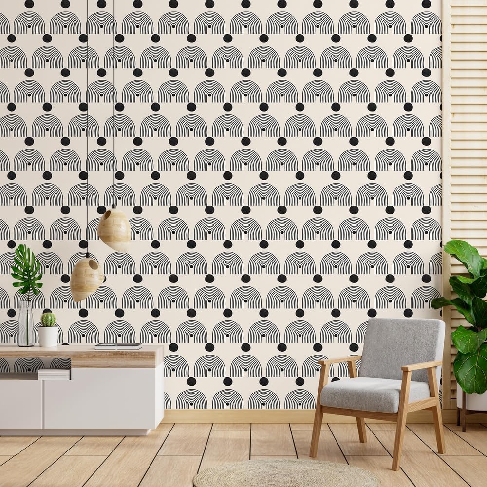 SKYSUKEY Boho Wallpaper Black and White Peel and Stick Wallpaper Minimalist Geometric Rainbow Removable Wallpaper Vinyl Large Self Adhesive Wall Paper for Bathroom Bedroom Boho Decor 137.8"x98.4"