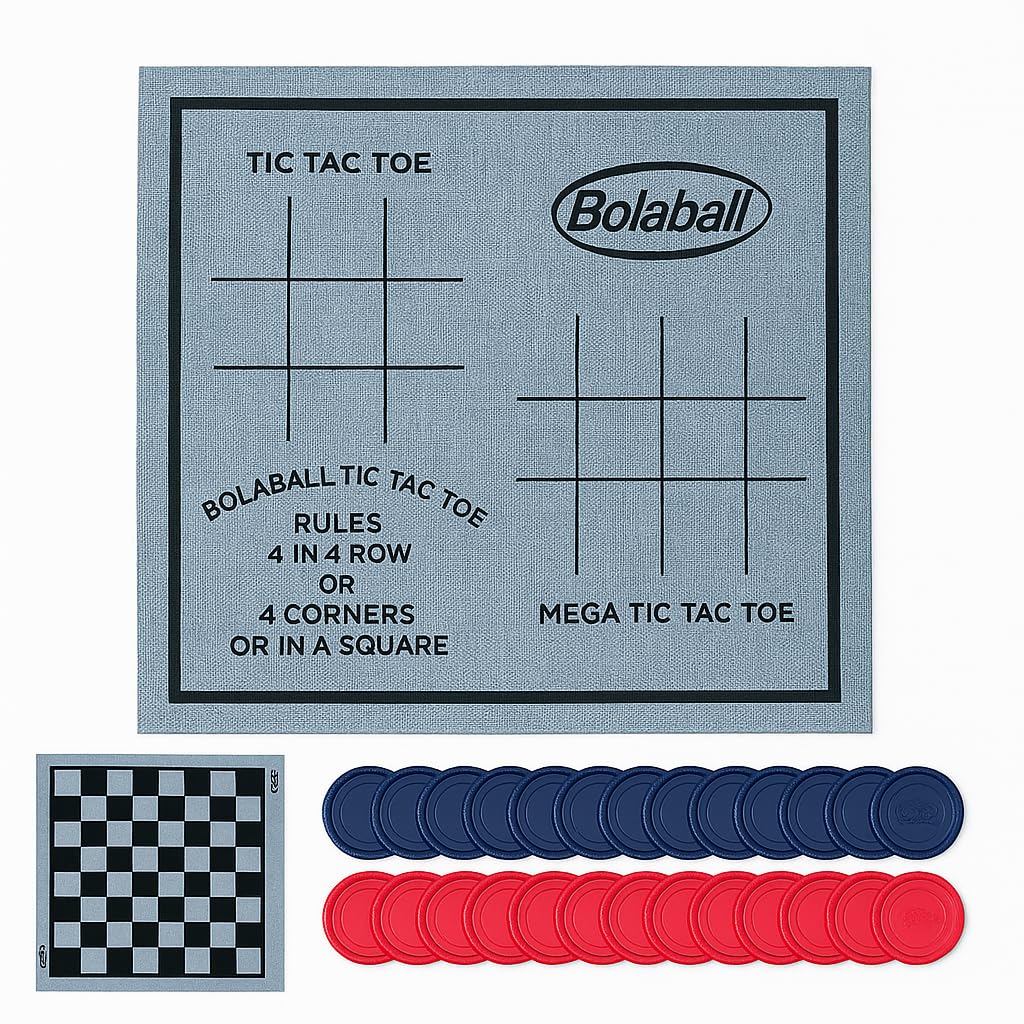 Bolaball 3 in-1 Giant Board Games Tic Tac Toe and Jumbo Checkers Game Set w/Reversible Rug Lawn & Yard Game | Indoor Outdoor Backyard Games for Adults Family Party Kids Camping BBQ Picnic