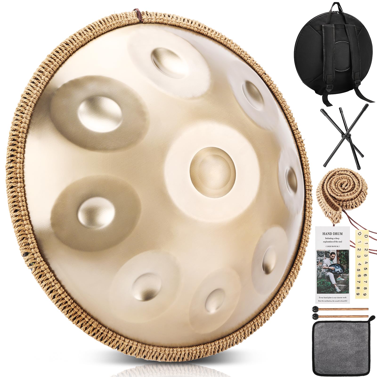 Handpan 432 Hz Re Minore, 9 Note 22 Pollici Tamburo in Acciaio Handpan Strumento Musicale, con Borsa Morbida, Mazze Per, Tripode, Panno Antipolvere, Percussioni Armoniche Per La, Yoga