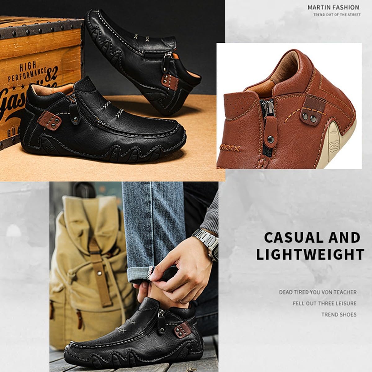 Men's Leather Hand Stitching High Top Ankle Boots Comfort Slip On Orthopedic Leather Boots Wide Toe,Arch Support Waterproof Non-Slip Side Zipper Mid Driving Chukka Loafers - Image 2